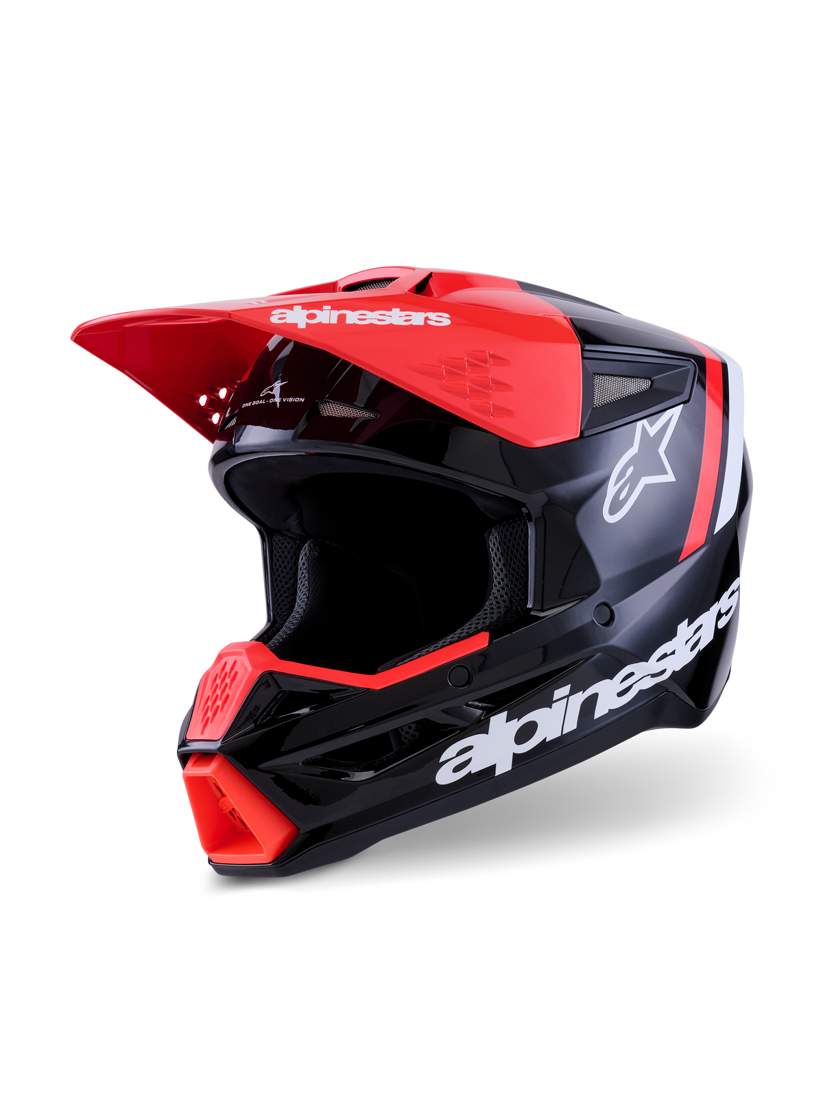 Alpinestars S-M3 Radium hjelm, motocrosshjelm, sort, fluorød og hvid blank, højglans finish med markant hvidt Alpinestars-branding og stjernelogo, udstyret med en klar rød visirskygge og hageventilation, konstrueret til off-road beskyttelse.