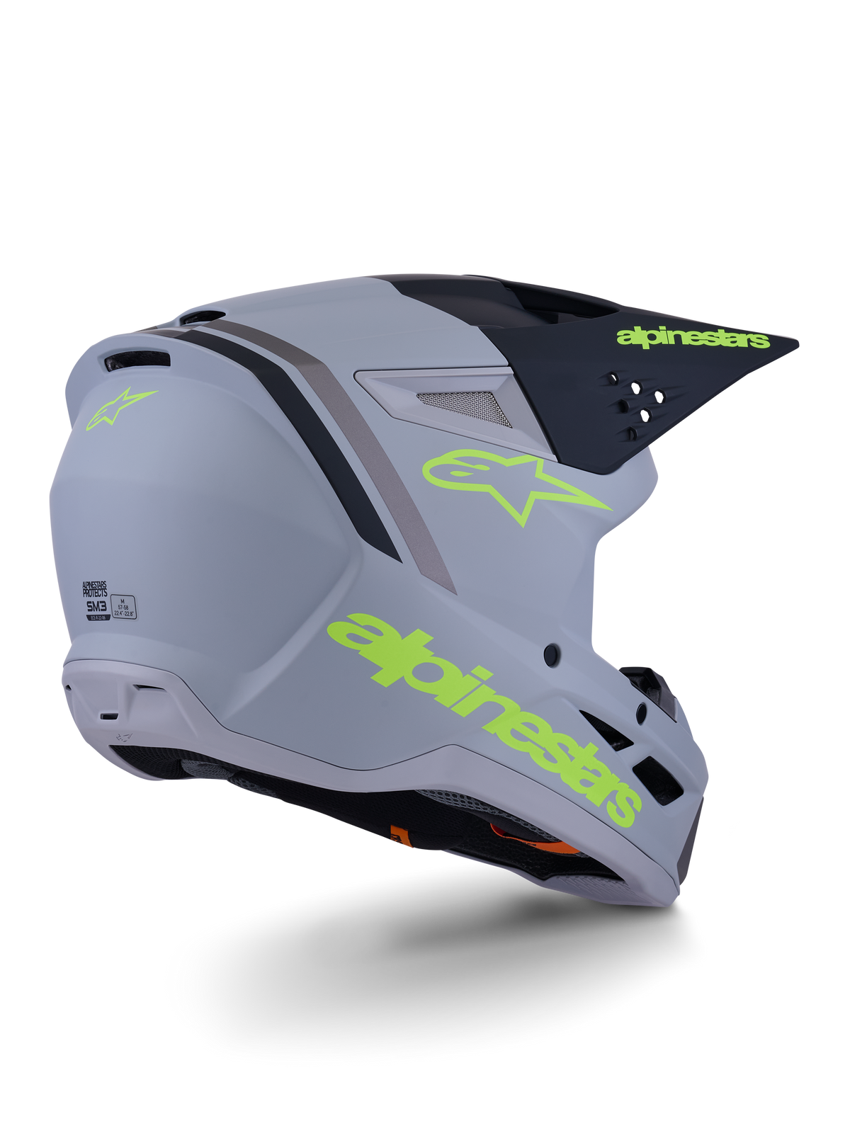 Alpinestars S-M3 Radium hjelm, motocross-hjelm, grå, sort og gul fluo mat, full-face design med kantet skal, fremtrædende visir og ventilationsåbninger, mat finish med markant grafik