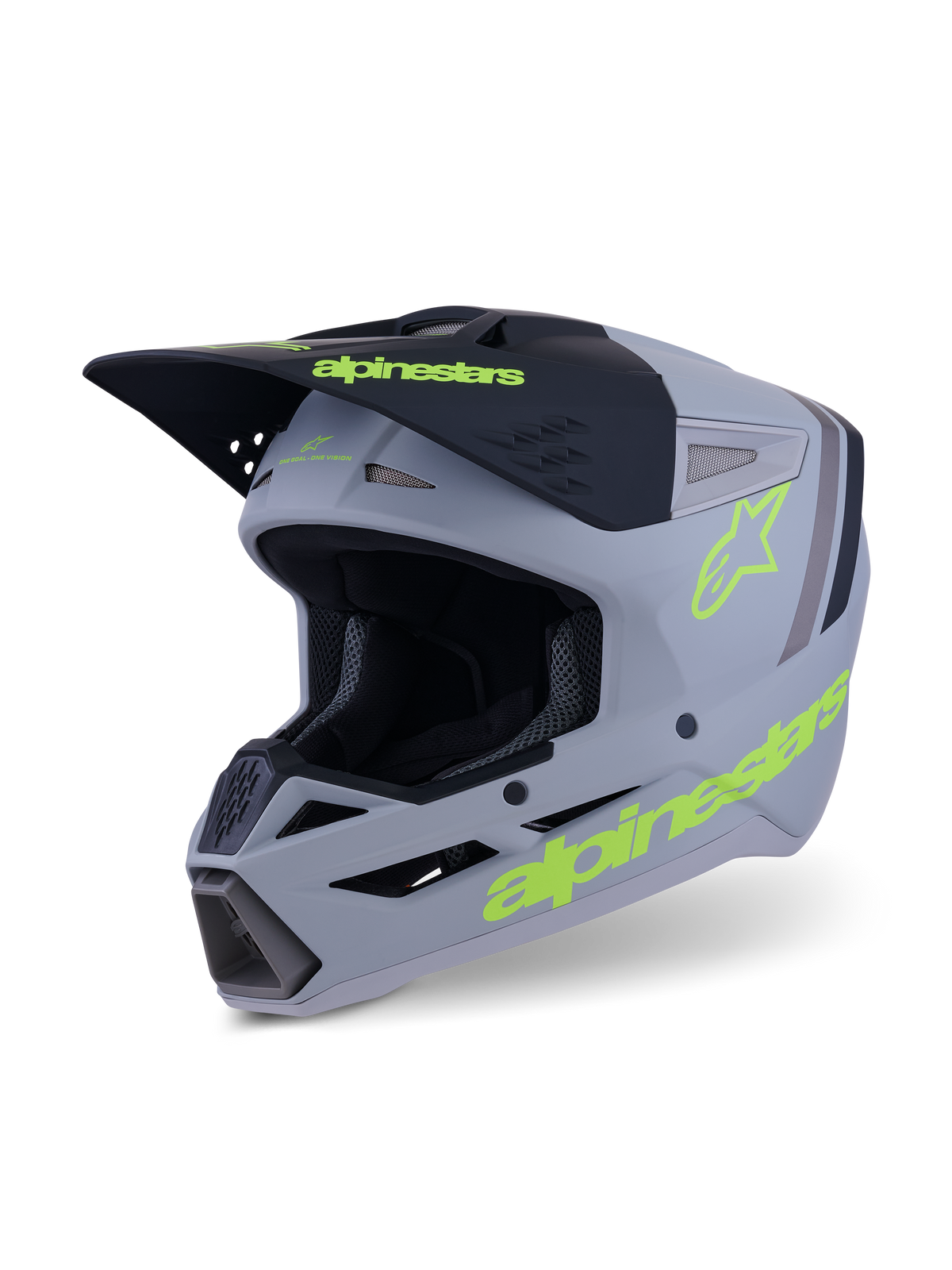Alpinestars S-M3 Radium hjelm, motocross- og enduro-hjelm, grå, sort og neon gul fluo mat, trefjerdedels visning, der viser aggressivt skaldesign, ventilerede indtagsporte og markante gule logoer