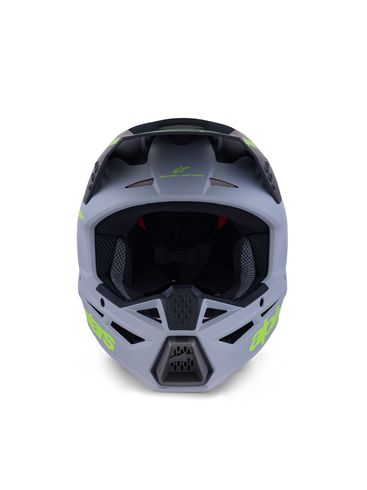 Alpinestars S-M3 Radium hjelm, full-face motocross-hjelm, mat grøn og sort med fluorgul branding, set forfra med fokus på ventilationsåbninger ved hage og pande samt en stor åbning til ansigtet, professionelt beskyttelsesudstyr til off-road kørsel.