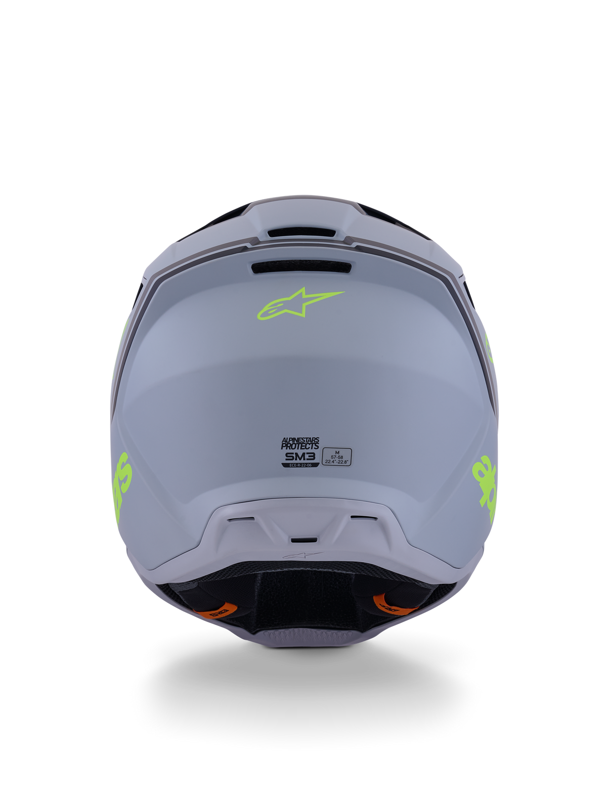 Alpinestars S-M3 Radium hjelm, motocrosshjelm, grøn, sort og neongul mat, set bagfra med mat finish på skallen, neongult Alpinestars-logo og ECE 22.06-certificeringsdetaljer