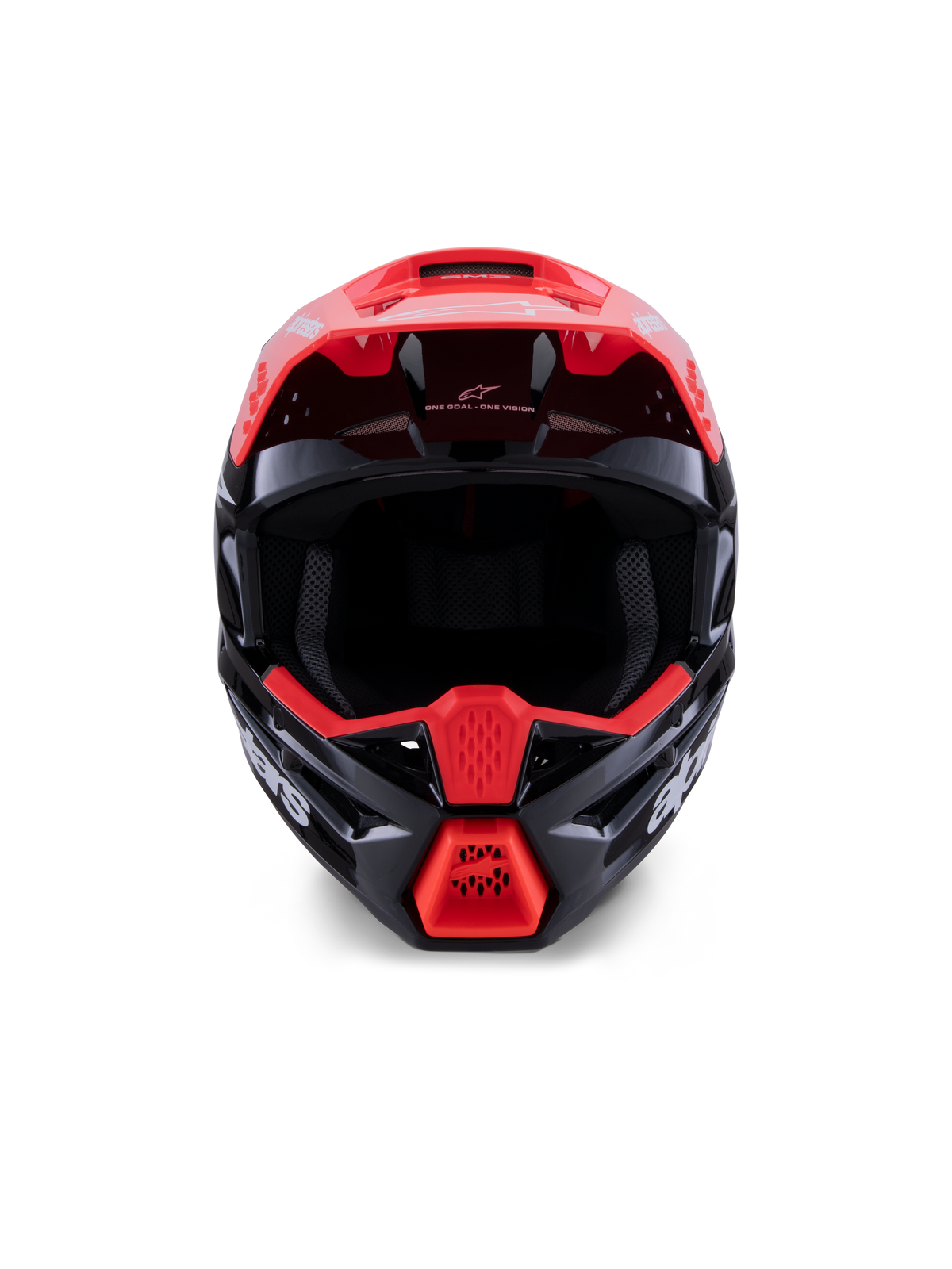 Alpinestars S-M3 Radium hjelm ECE 22.06, motocrosshjelm, blank sort med fluorescerende røde og hvide detaljer, set forfra, der viser den aerodynamiske skal, integreret visir og beskyttende hageparti med tydelig Alpinestars-branding.