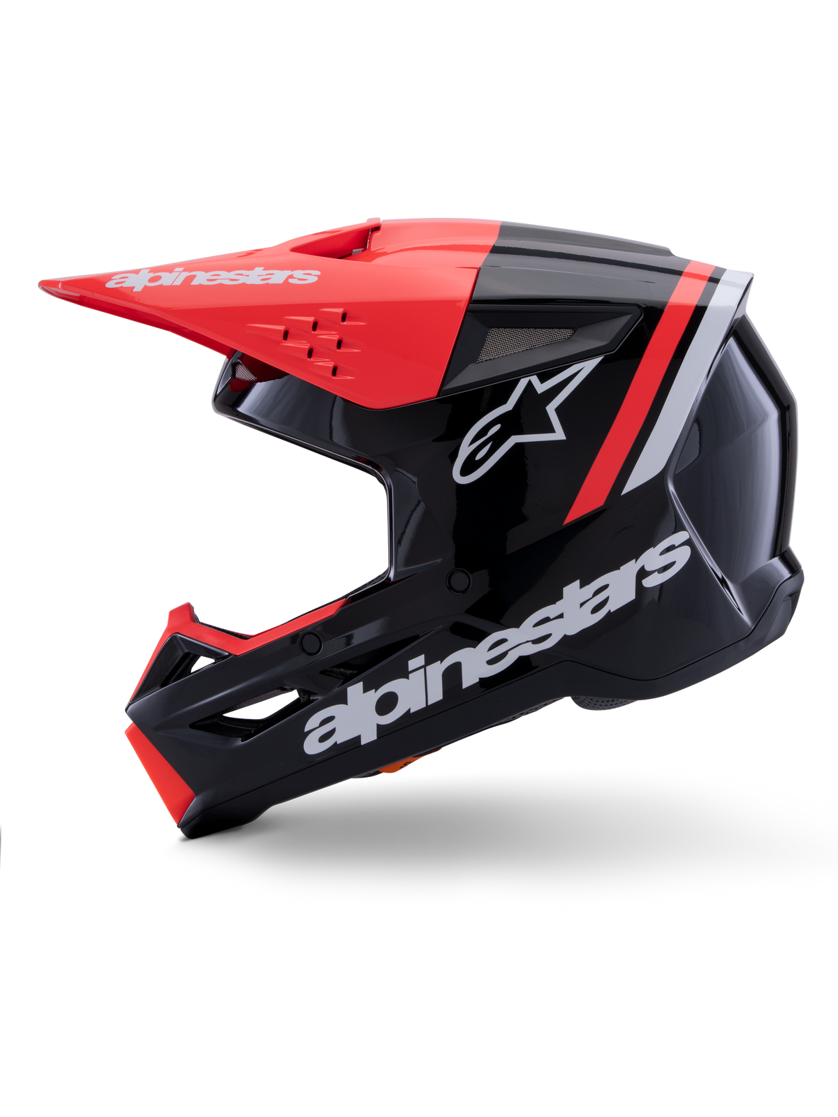 Alpinestars S-M3 Radium hjelm, motocrosshjelm, blank sort med fluorøde og hvide detaljer, profilvisning fra siden, med stort hvidt Alpinestars-logo og stjerne, fluorød skygge og hageparti, designet til MX og Enduro off-road kørsel