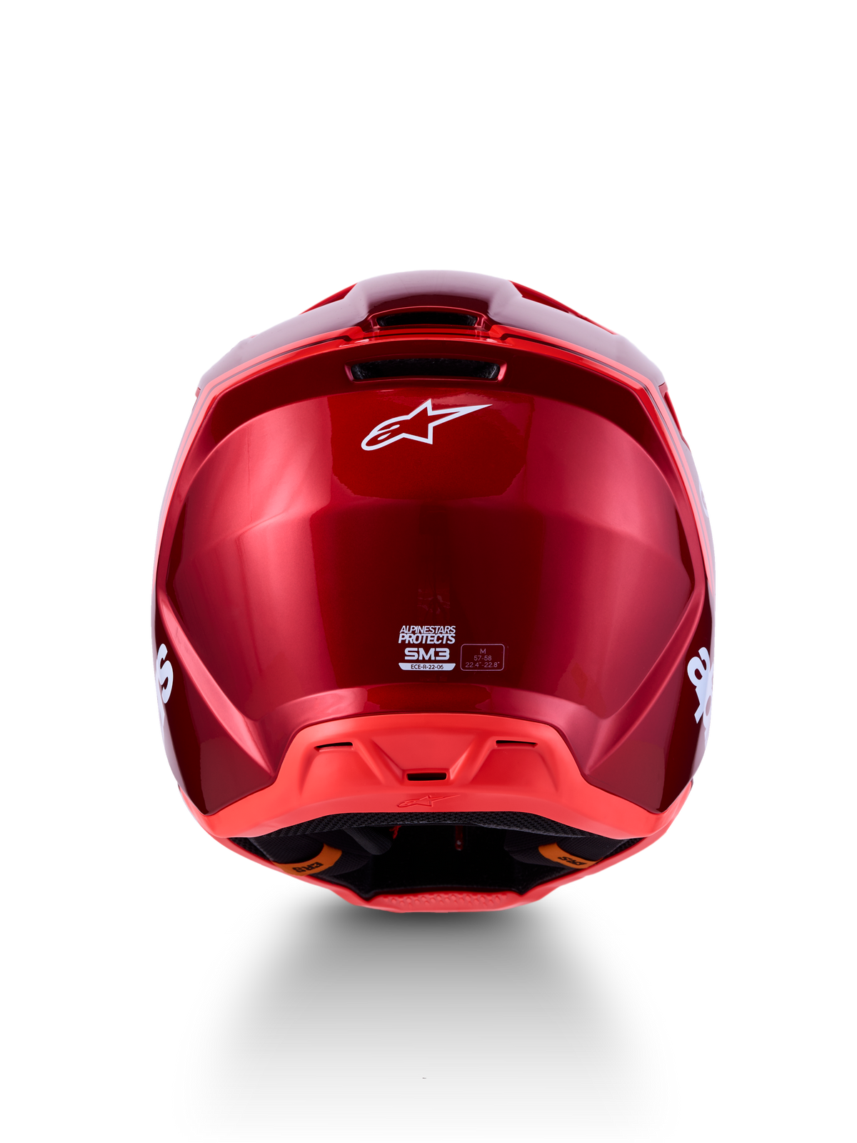 Alpinestars SM3 Radium hjelm, motocrosshjelm bagfra, blank og fluo rød, ECE 22.06-certificeret off-road beskyttelsesudstyr.