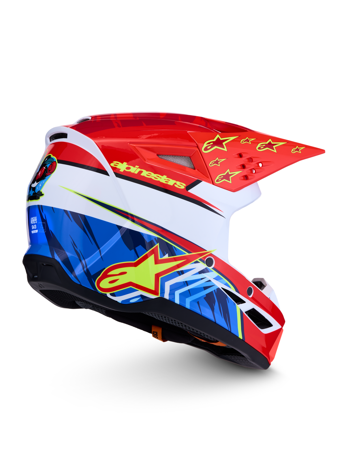 Alpinestars SM3 Falcon hjelm, rød og blå motocrosshjelm med gule stjerner, ECE 2206-certificeret til off-road kørsel