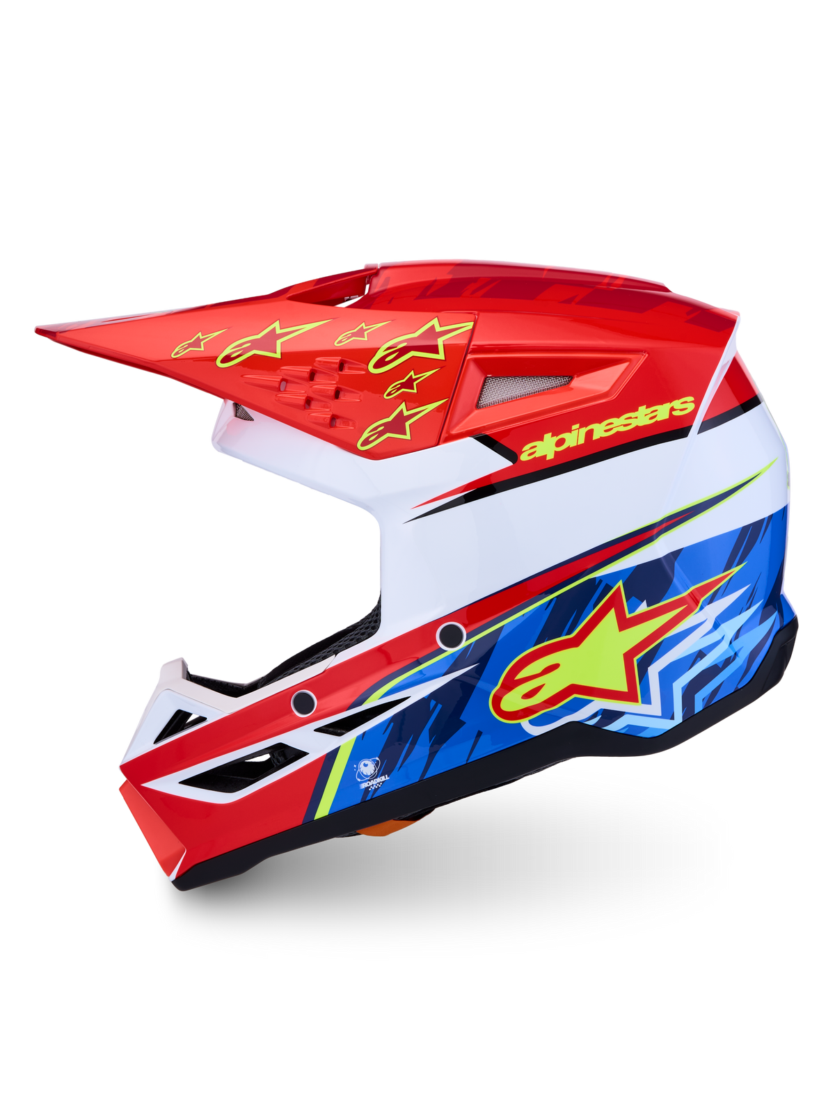 Alpinestars SM3 Falcon hjelm ECE06, motocrosshjelm, rød og blå, ECE 22.06-certificeret med visirudløsningssystem.