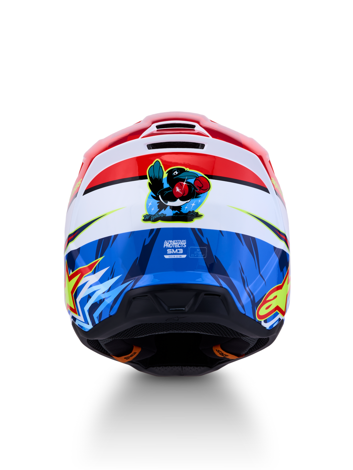 Alpinestars SM3 Falcon Hjelm ECE06, rød og blå motocrosshjelm med tegneseriefalk på bagsiden.