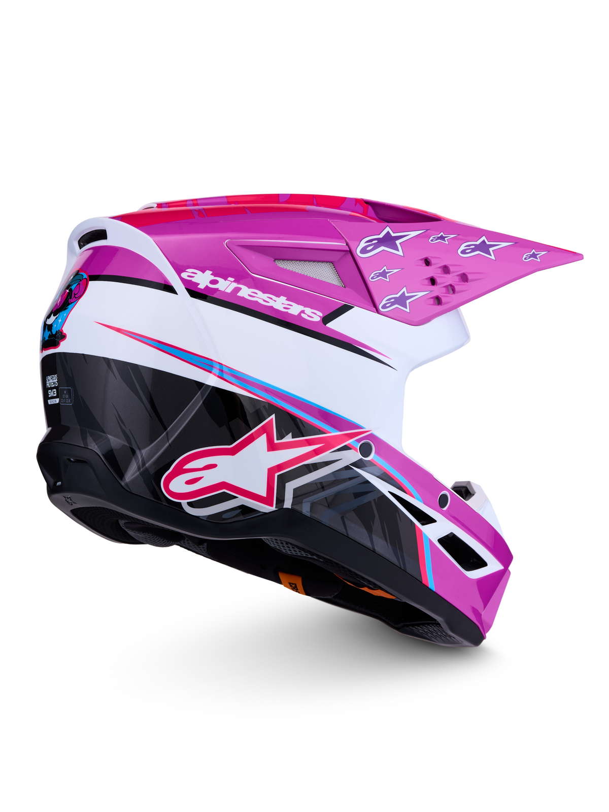 Alpinestars SM3 Falcon Hjelm ECE06, lilla og hvid motocrosshjelm med blank finish, ECE-godkendt til terrænkørsel