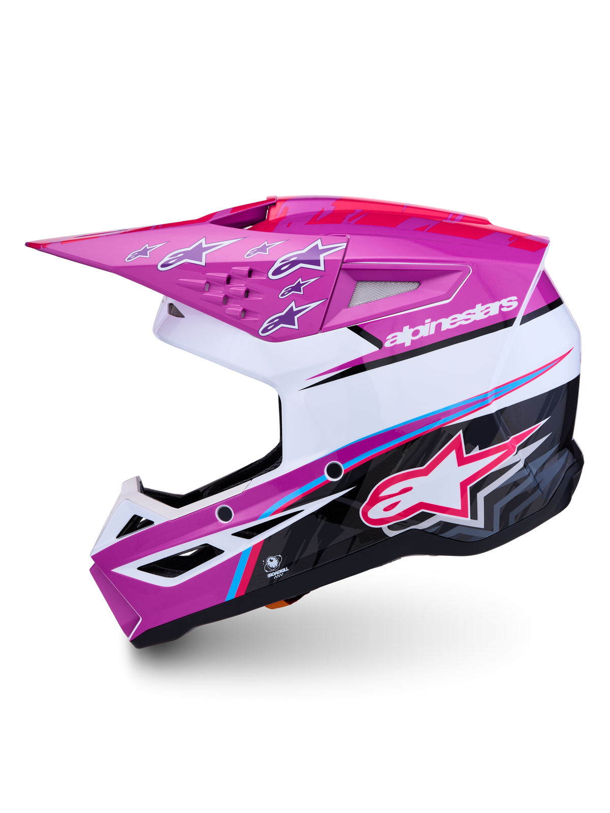 Alpinestars SM3 Falcon hjelm, lilla og hvid blank motocrosshjelm, ECE06-certificeret, avanceret ventilation til off-road.