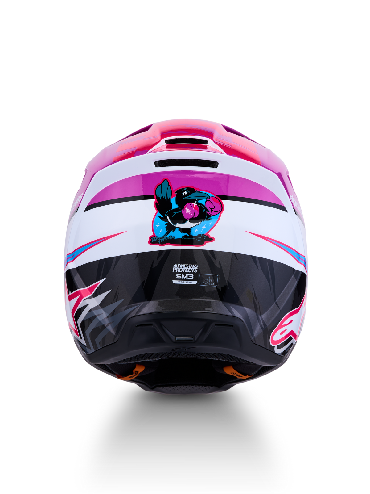 Alpinestars SM3 Falcon hjelm ECE06, lilla og hvid motocrosshjelm med grafik af en boksende krage bagpå.