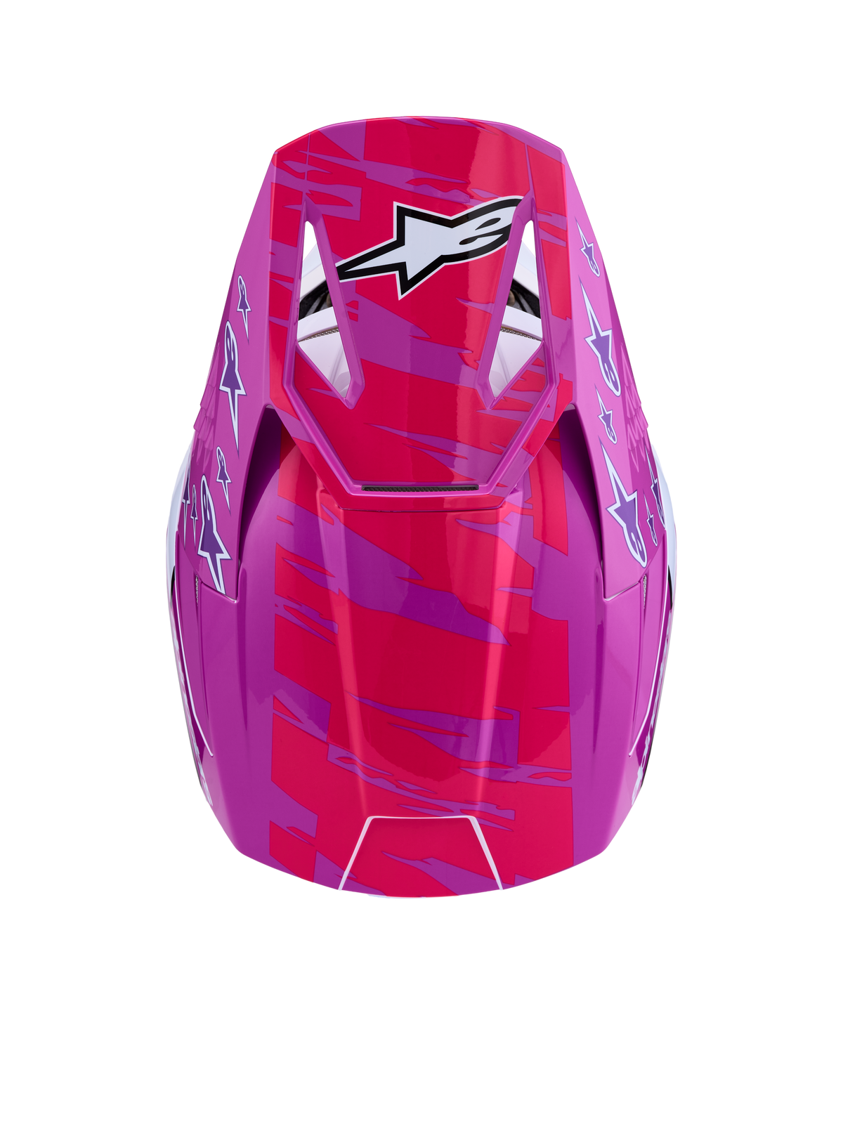 Alpinestars SM3 Falcon Hjelm ECE06, blank pink og lilla motocrosshjelm med hvidt stjernelogo, set oppefra.