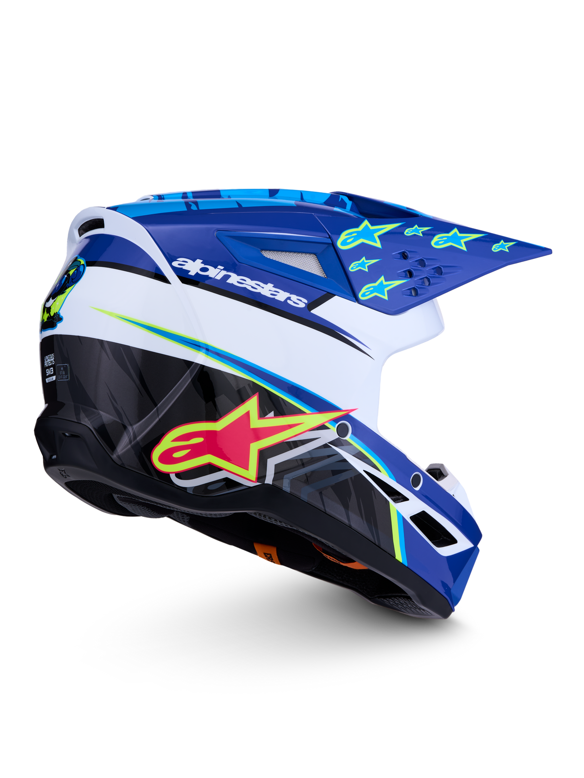 Alpinestars SM3 Falcon Hjelm ECE06, blå, hvid og sort motocrosshjelm med neongule detaljer og blank finish