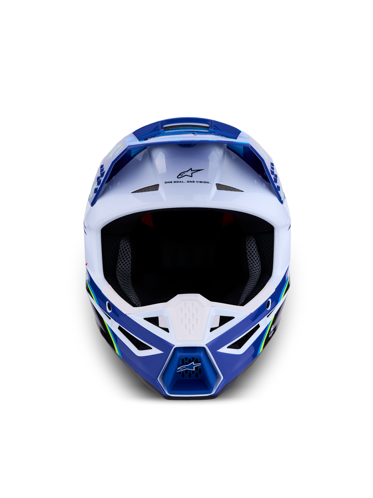 Alpinestars SM3 Falcon hjelm ECE06, motocrosshjelm til off-road, blå og hvid, set forfra, ECE 2206-godkendt.