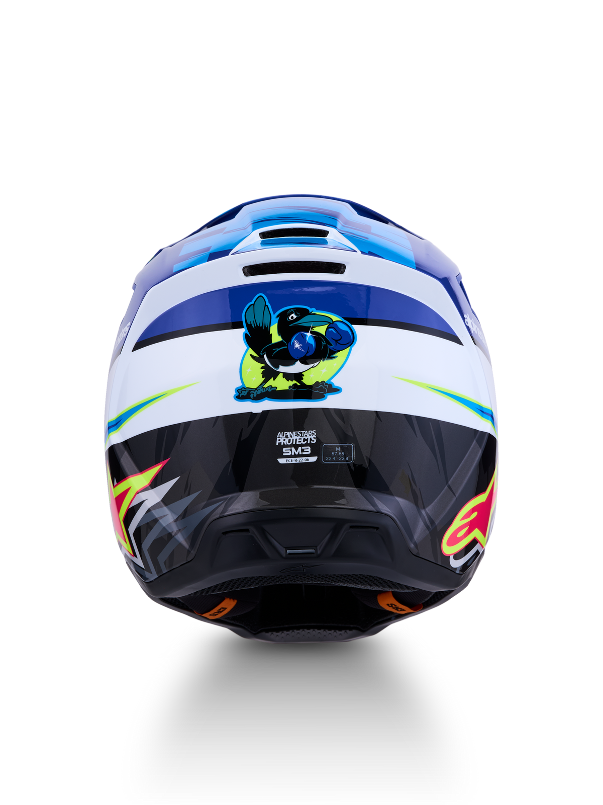 Alpinestars SM3 Falcon hjelm ECE06, blå og hvid motocrosshjelm til off-road, set bagfra med grafik af en boksende fugl og ECE-certificering