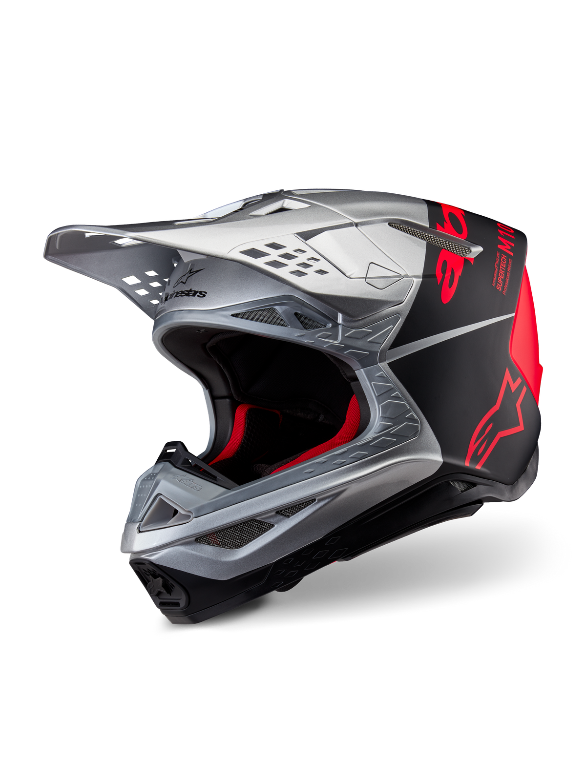 Alpinestars Supertech M10 Flood ECE 22.06 hjelm, motocrosshjelm, sølv, sort og orange fluo, mat og blank finish, med en strømlinet carbonskal, markant Alpinestars-branding og flere ventilationsåbninger