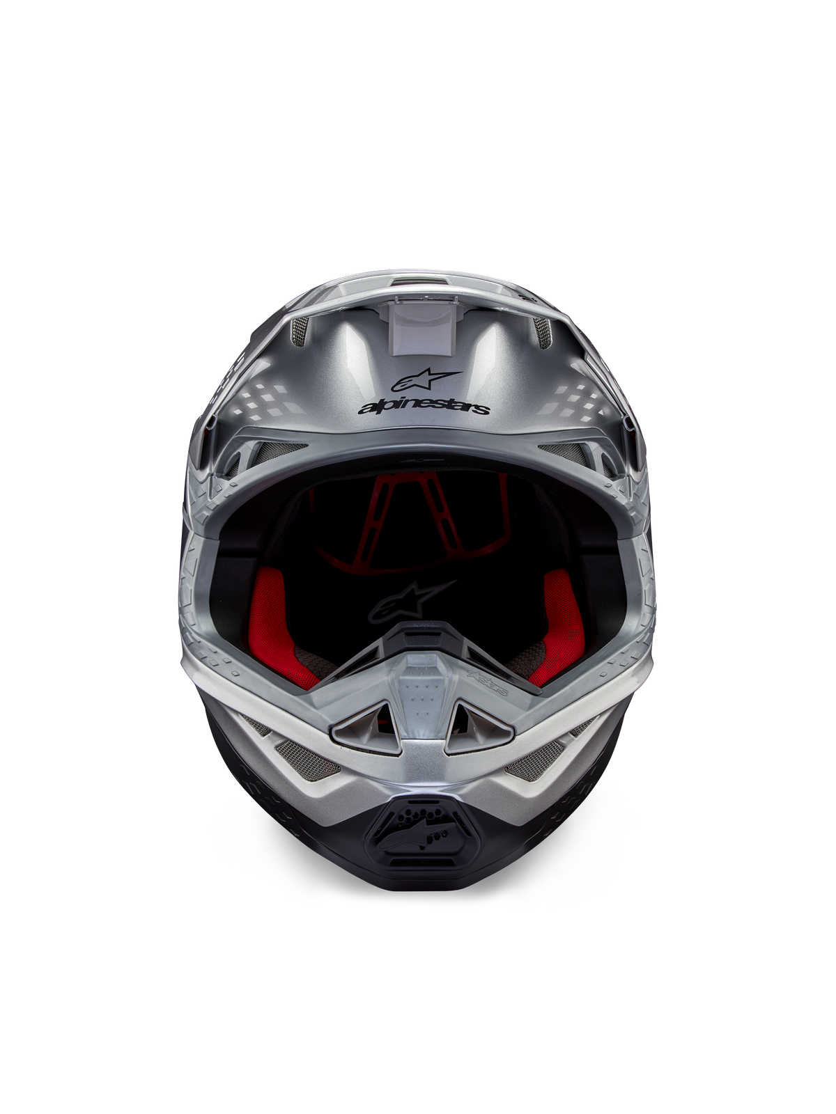 Alpinestars Supertech M10 Flood ECE 22.06 hjelm, motocross-hjelm, sølv, sort og orange fluo, set forfra med en aerodynamisk skal, bred åbning til briller med rød indvendig polstring, sort Alpinestars-logo og ventileret hagebeskytter til off-road kørsel