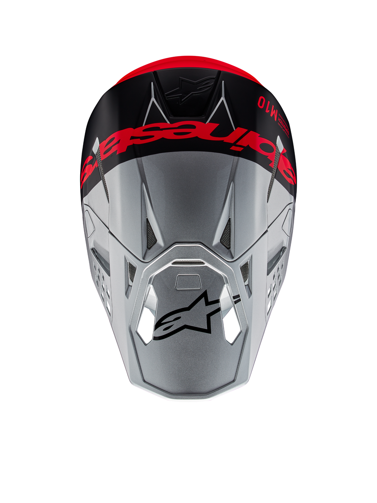 Alpinestars Supertech M10 Flood ECE 22.06-hjelm, motocross-hjelm, sølv og sort med fluorescerende orange, set oppefra med tydelig branding hen over toppen, sort Astars-logo på visiret, strømlinet aerodynamisk profil med ventilationsåbninger, matte og blanke teksturer.