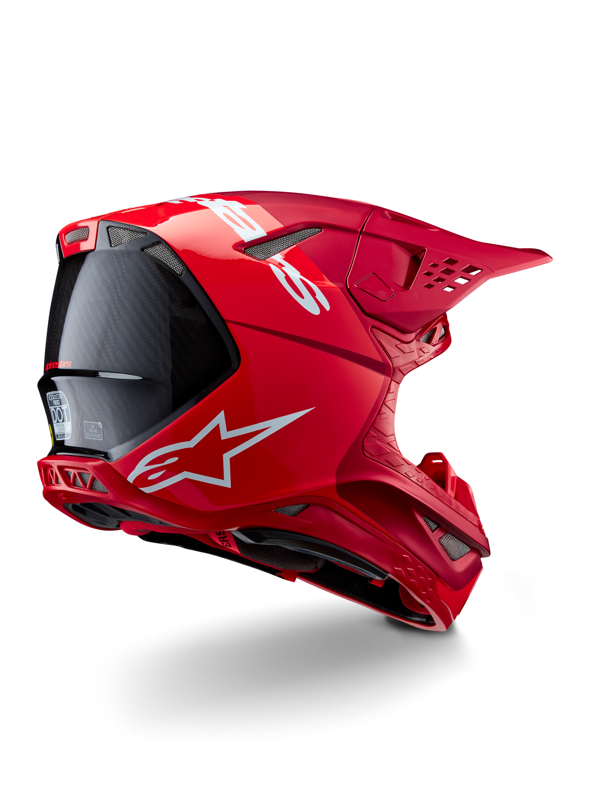 Alpinestars Supertech M10 Flood-hjelm, motocross-hjelm, rød og fluo-rød, mat og blank finish, set bagfra i profil med hvidt Alpinestars-logo og kulfiber-detaljer, aerodynamisk design med flere ventilationsporte, højtydende off-road hovedbeskyttelse