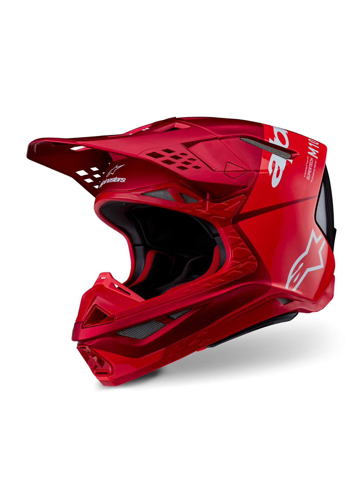 Alpinestars Supertech M10 Flood hjelm, motocross-hjelm, rød og fluo-rød mat og blank, med hvide Alpinestars-logoer, aerodynamisk profil med flere ventilationsporte, letvægts carbon-komposit skal til off-road racing