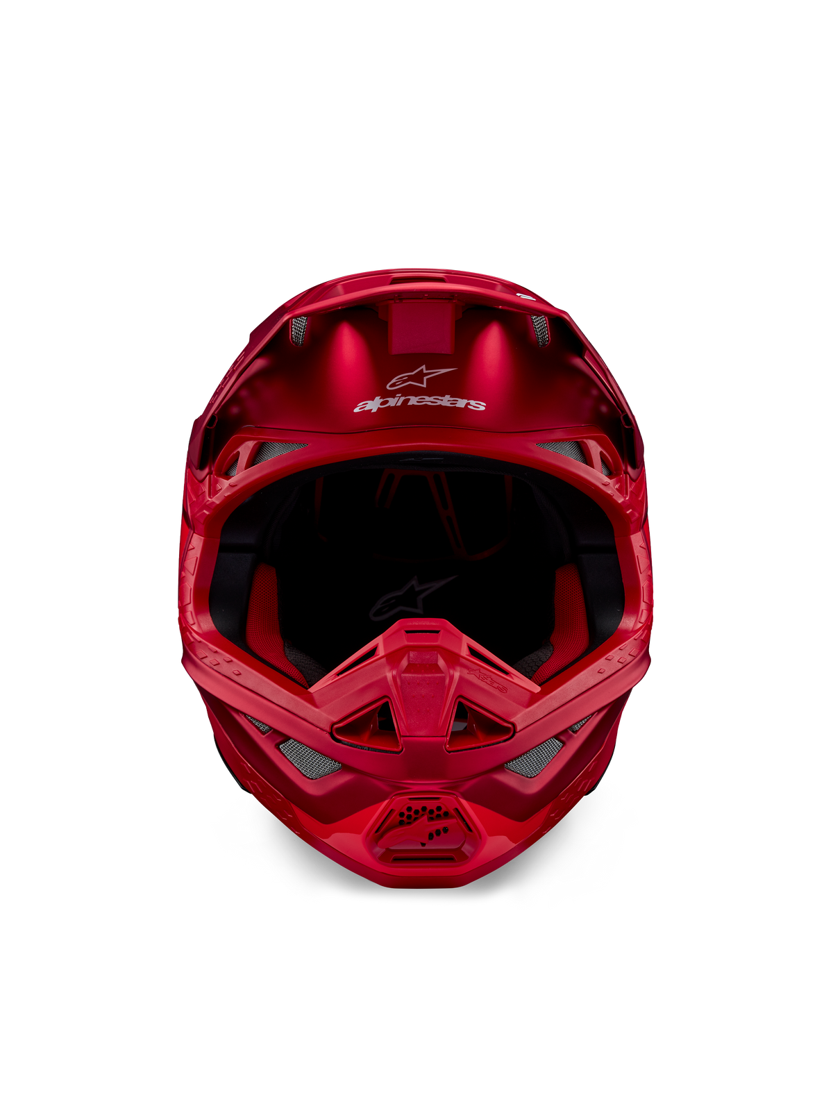 Alpinestars Supertech M10 Flood-hjelm, motocross-hjelm, rød fluo og rød mat/blank, set forfra med aerodynamisk profil og flere ventilationsporte, Alpinestars-logo på panden og rød indvendig foring, professionelt off-road racerudstyr