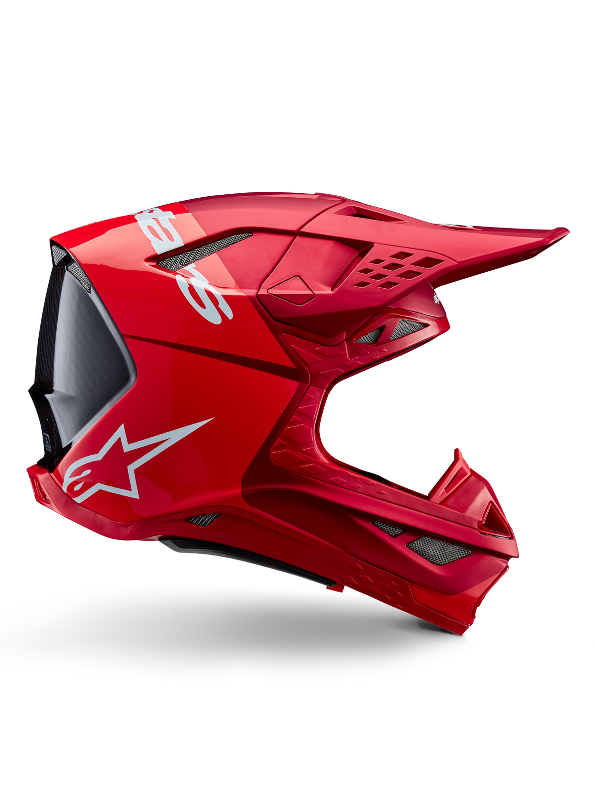 Alpinestars Supertech M10 Flood-hjelm, motocross-hjelm, rød, fluorescerende rød, mat og blank, profilvisning fra siden med hvid branding, flere netdækkede ventilationsåbninger, aerodynamisk off-road racing-design