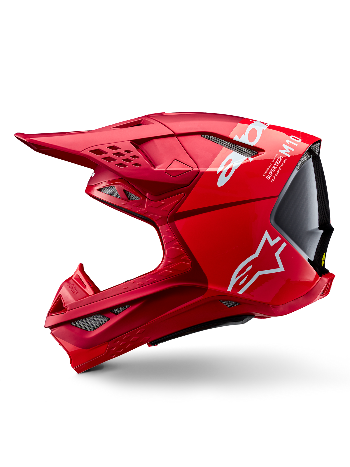 Alpinestars Supertech M10 Flood ECE 22.06 hjelm, motocross-hjelm, rød og fluo-rød med mat og blank finish, sideprofil der viser aerodynamisk skaldesign, flere ventilationsporte og hvidt Alpinestars-branding