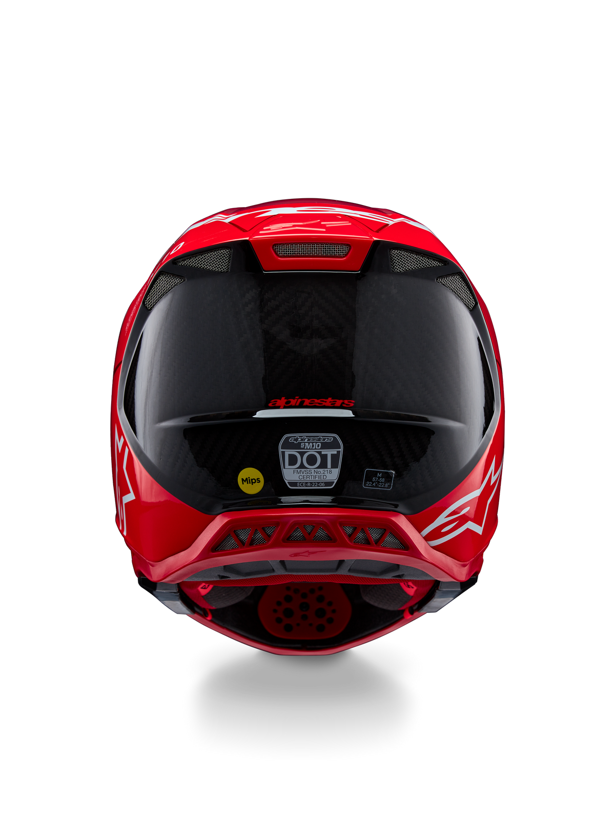 Alpinestars Supertech M10 Flood ECE 22.06 hjelm, set bagfra, rød fluo rød mat og blank, motocross-hjelm med synlig kulfiberstruktur, MIPS- og DOT-certificeringsmærkater og aerodynamiske ventilationsporte.