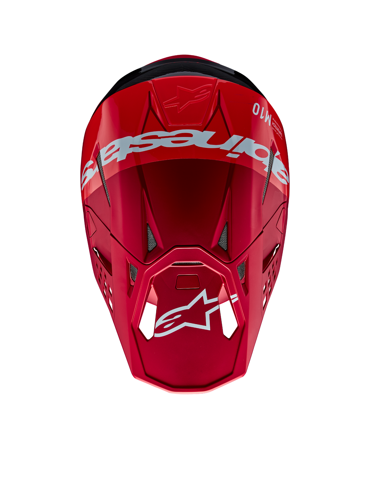 Alpinestars Supertech M10 Flood-hjelm, motocross-hjelm, rød og fluo-rød med mat og blank finish, set fra oven der viser tydelig Alpinestars-branding og logo, avanceret aerodynamisk skal med integrerede ventilationsporte til off-road racing
