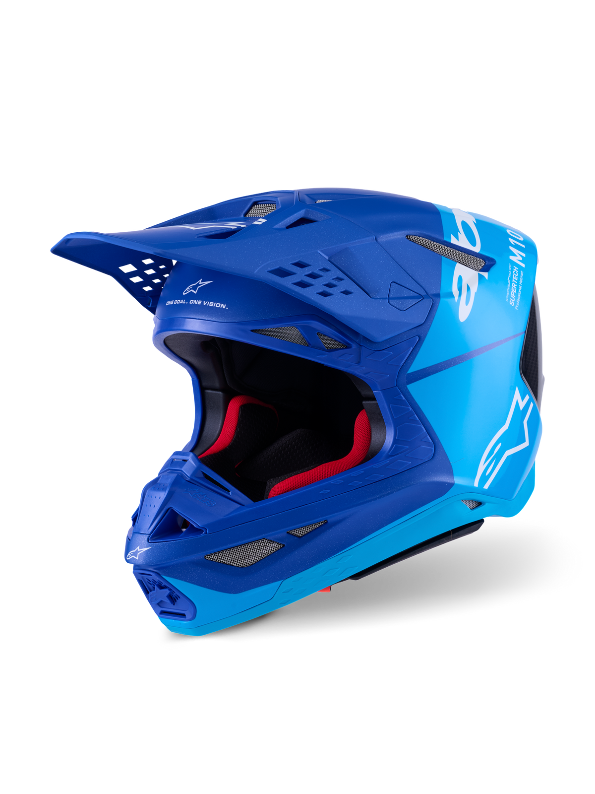 Alpinestars Supertech M10 Flood-hjelm, motocross-hjelm, metallic blå og mellemblå med sorte kulfiber-detaljer, hvide logoer og M10-branding, flere ventilationsporte og rød indvendig polstring, designet til professionel off-road ydeevne.