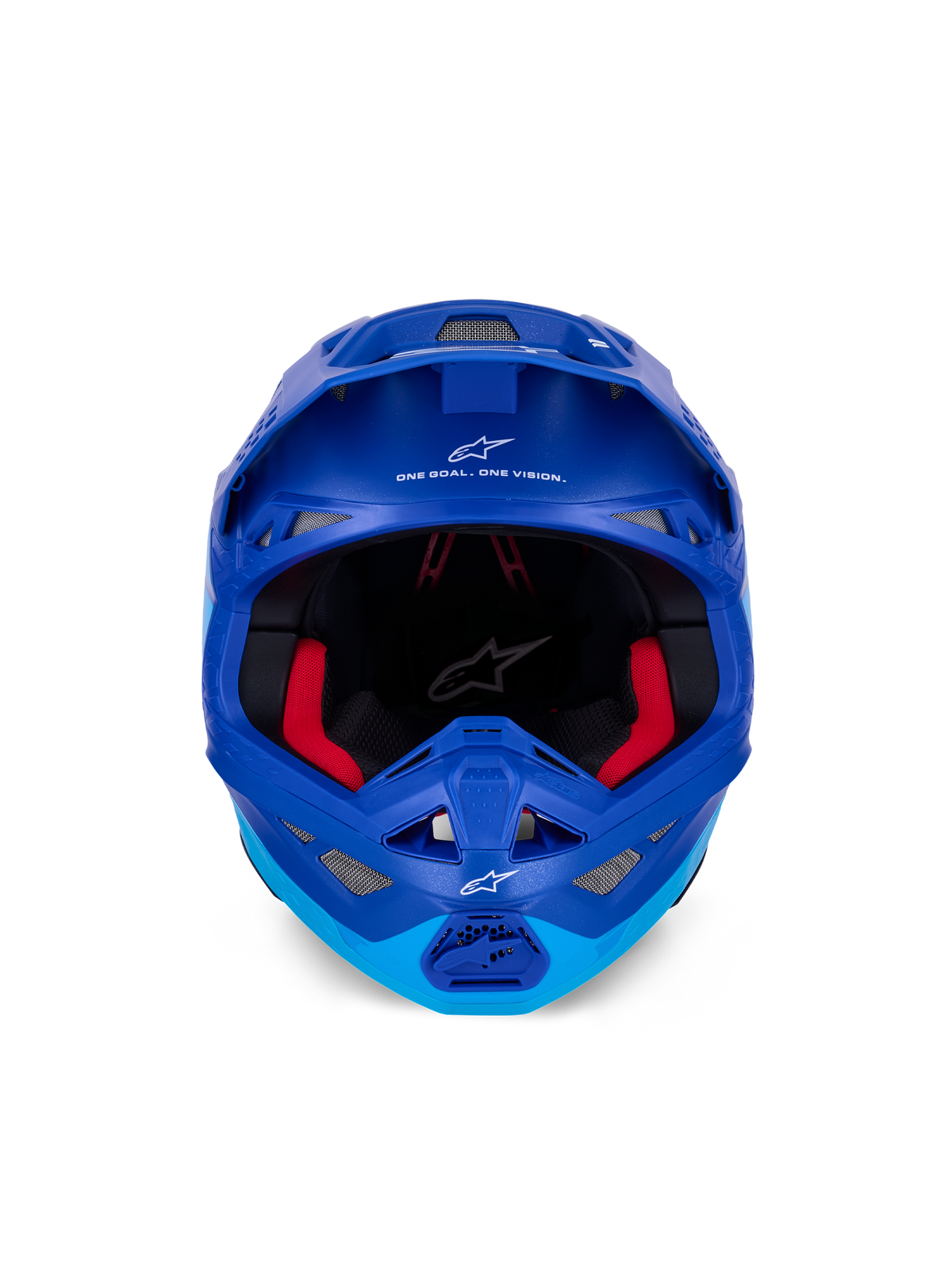 Alpinestars Supertech M10 Flood-hjelm ECE, motocross-hjelm, metallisk og mellemblå med sorte carbon-detaljer, set forfra viser hagebeskytter og synsfelt, hvide Alpinestars-logoer og tekst, rød indvendig polstring, professionel off-road-beskyttelse