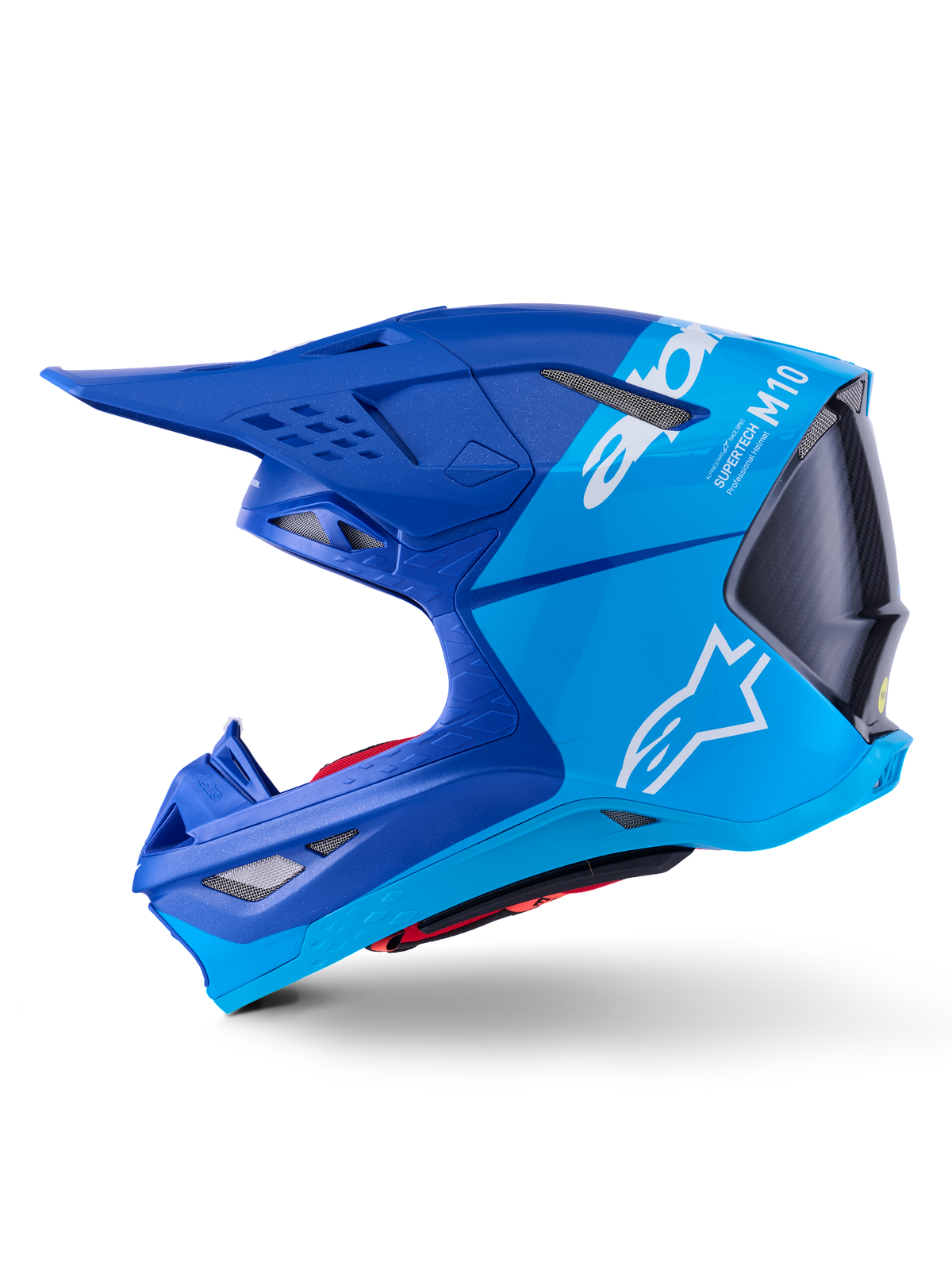 Alpinestars Supertech M10 Flood hjelm, motocross-hjelm, metallisk og medium blå med sort carbon, sideprofil der viser mat og blank finish, hvidt Alpinestars-logo og Supertech M10-branding, avanceret hovedbeskyttelse til off-road racing