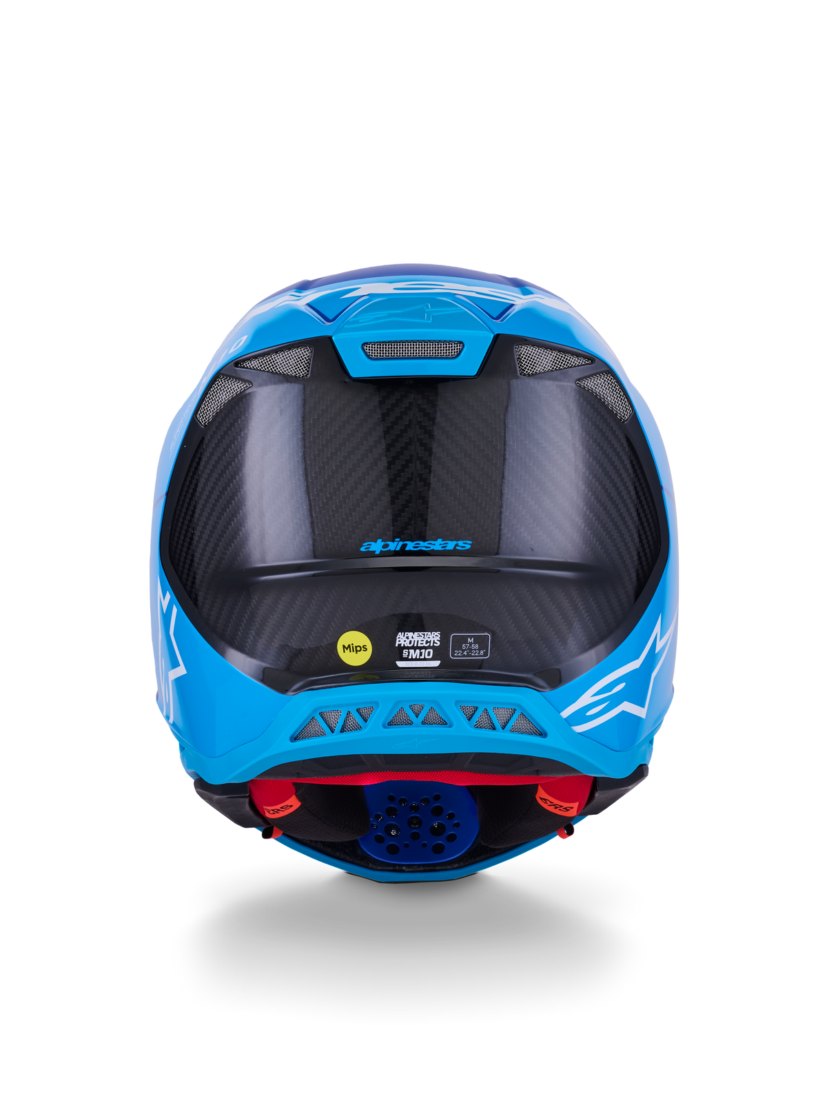 Alpinestars Supertech M10 Flood-hjelm, motocross-hjelm, metallisk blå og mellemblå med sort kulfiber, set bagfra med 3K kulfiber-tekstur, hvide stjerne-logoer, MIPS-mærkat og ventilationsåbninger