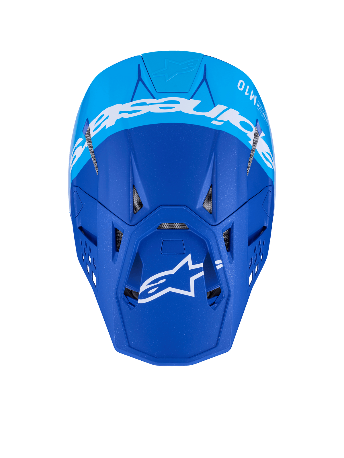 Alpinestars Supertech M10 Flood-hjelm, motocross-hjelm, mørkeblå og lyseblå, set oppefra med hvidt Alpinestars-logo og ventilationsporte, professionel off-road racinghjelm med mat finish