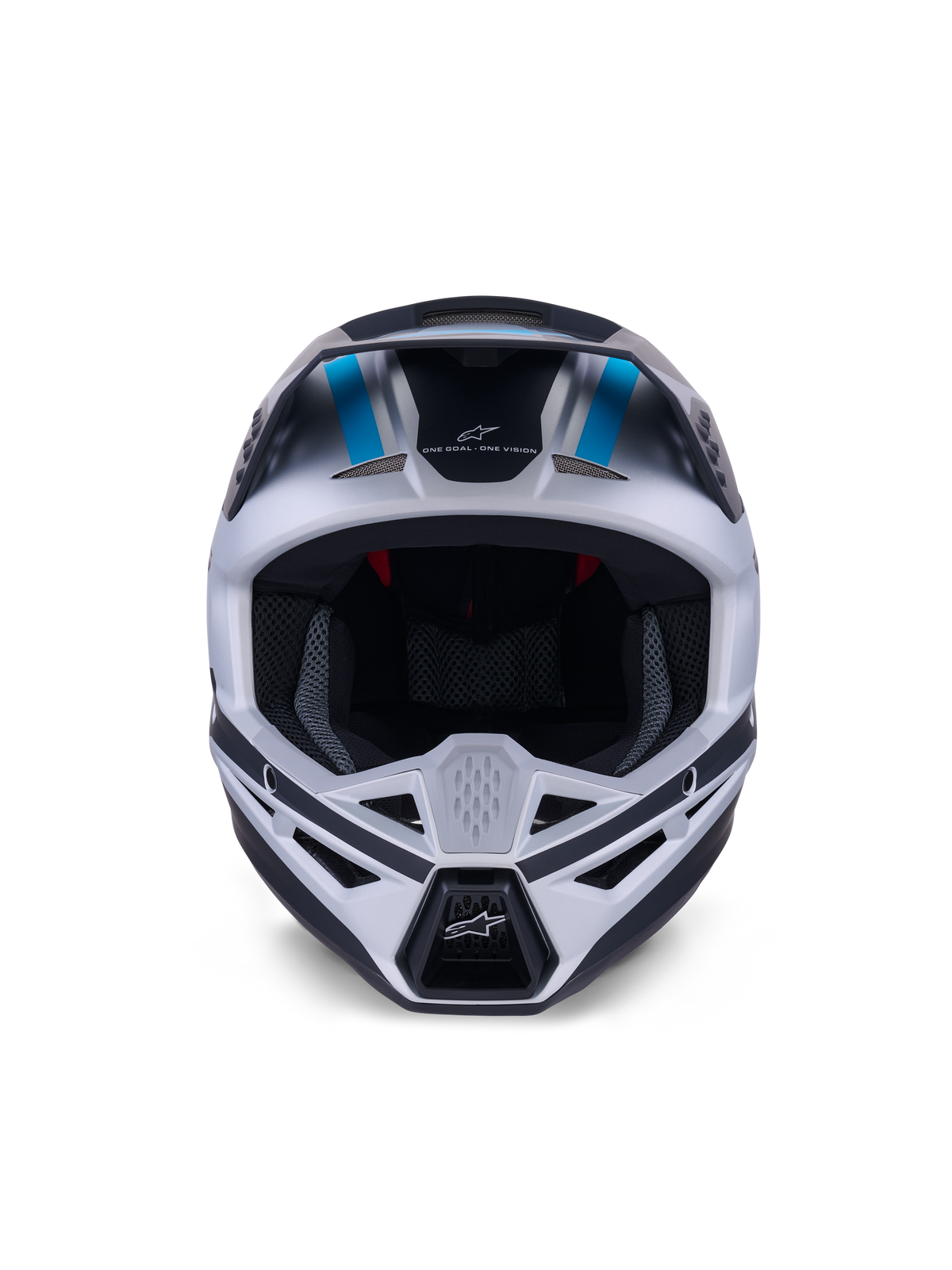 Alpinestars S-M3 Heat hjelm, motocrosshjelm, sølv, blå og mat sort, set forfra med fokus på ventilationssystemet, stor ansigtsåbning og indvendig mesh-polstring, med mærkets slogan 'ONE GOAL ONE VISION' på panden.