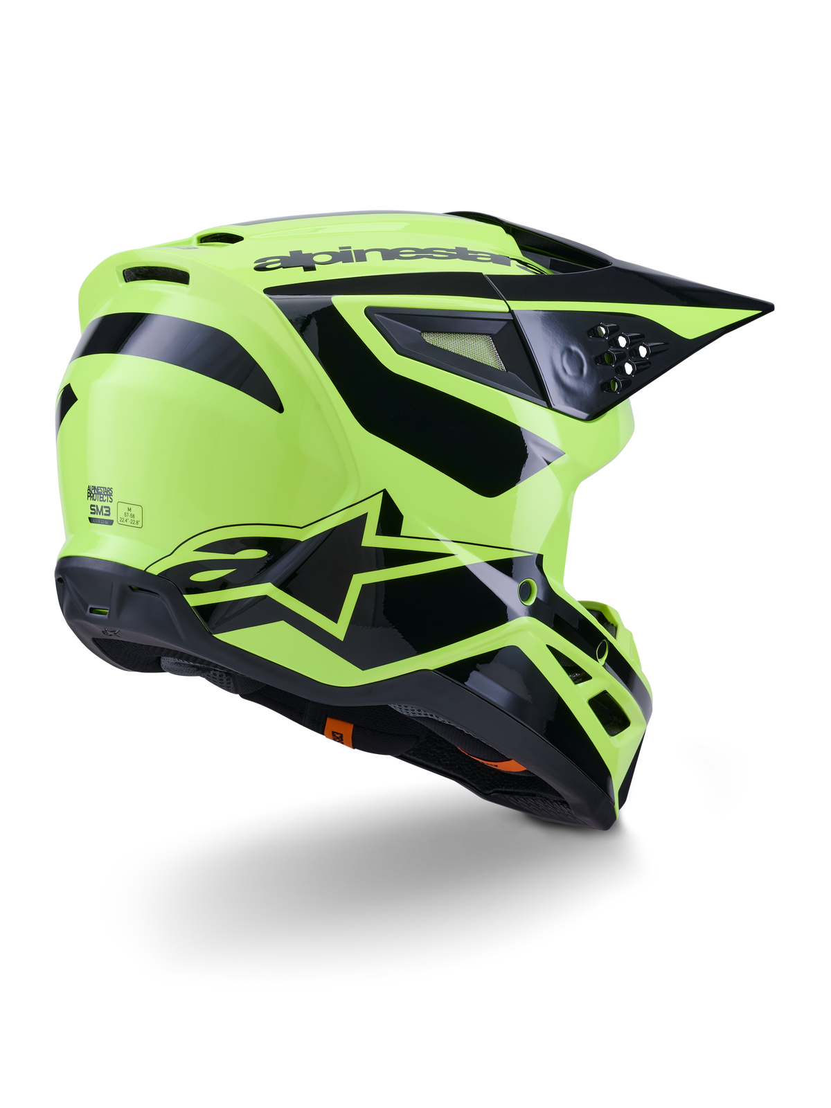 Alpinestars S-M3 Heat hjelm, motocrosshjelm, gul fluo og sort blank, trekvart visning bagfra med en aerodynamisk skal, integrerede ventilationsåbninger og markant sort Alpinestars-branding, højglansfinish til off-road ydeevne.