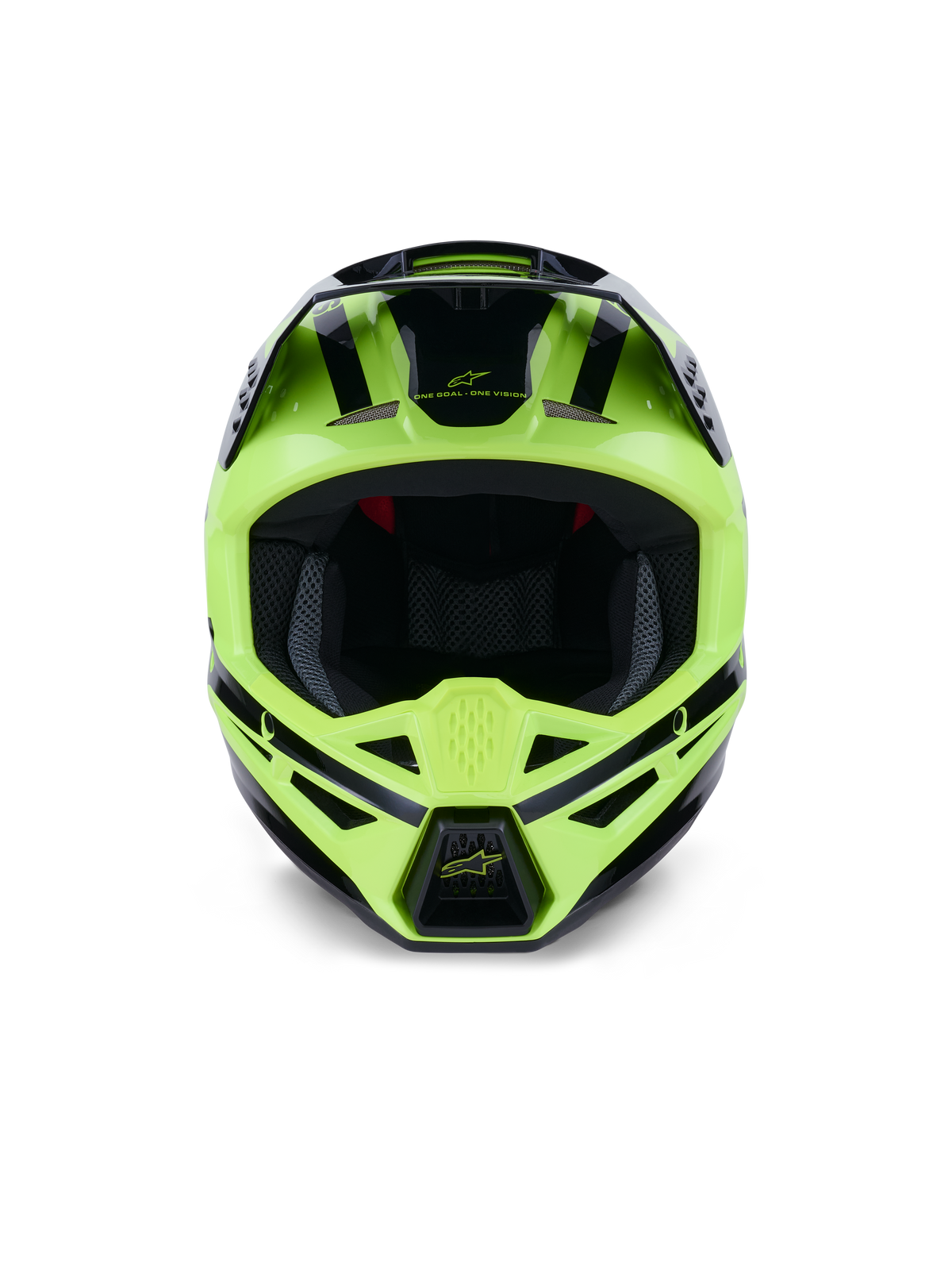 Alpinestars S-M3 Heat hjelm, set forfra, fluoriserende gul og blank sort, professionel motocross- og off-road-hjelm, med ventileret hagebeskytter og strømlinet aerodynamisk design med sorte detaljer