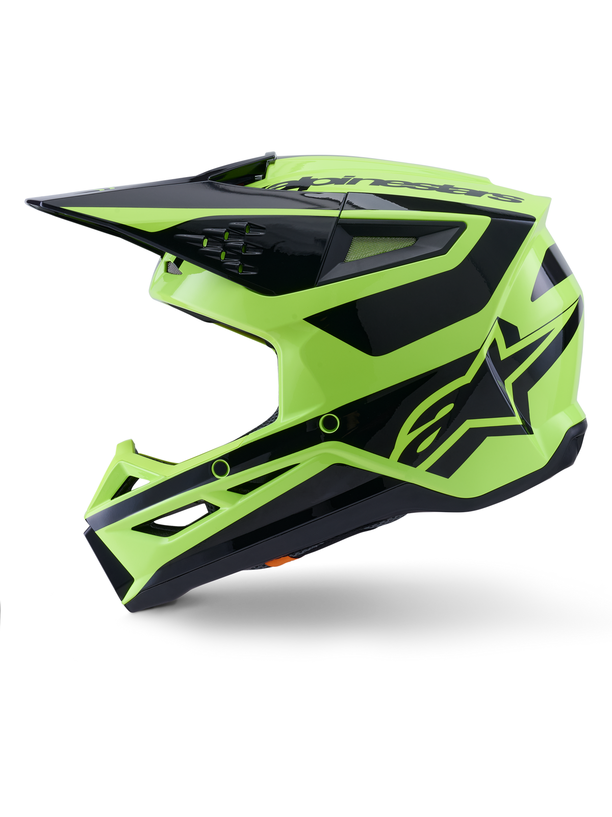 Alpinestars S-M3 Heat hjelm, motocrosshjelm, gul fluo og blank sort, set fra siden, med en kantet termo-injiceret skal, integreret visir, ventilationsåbninger og markant Alpinestars-branding, designet til off-road kørsel