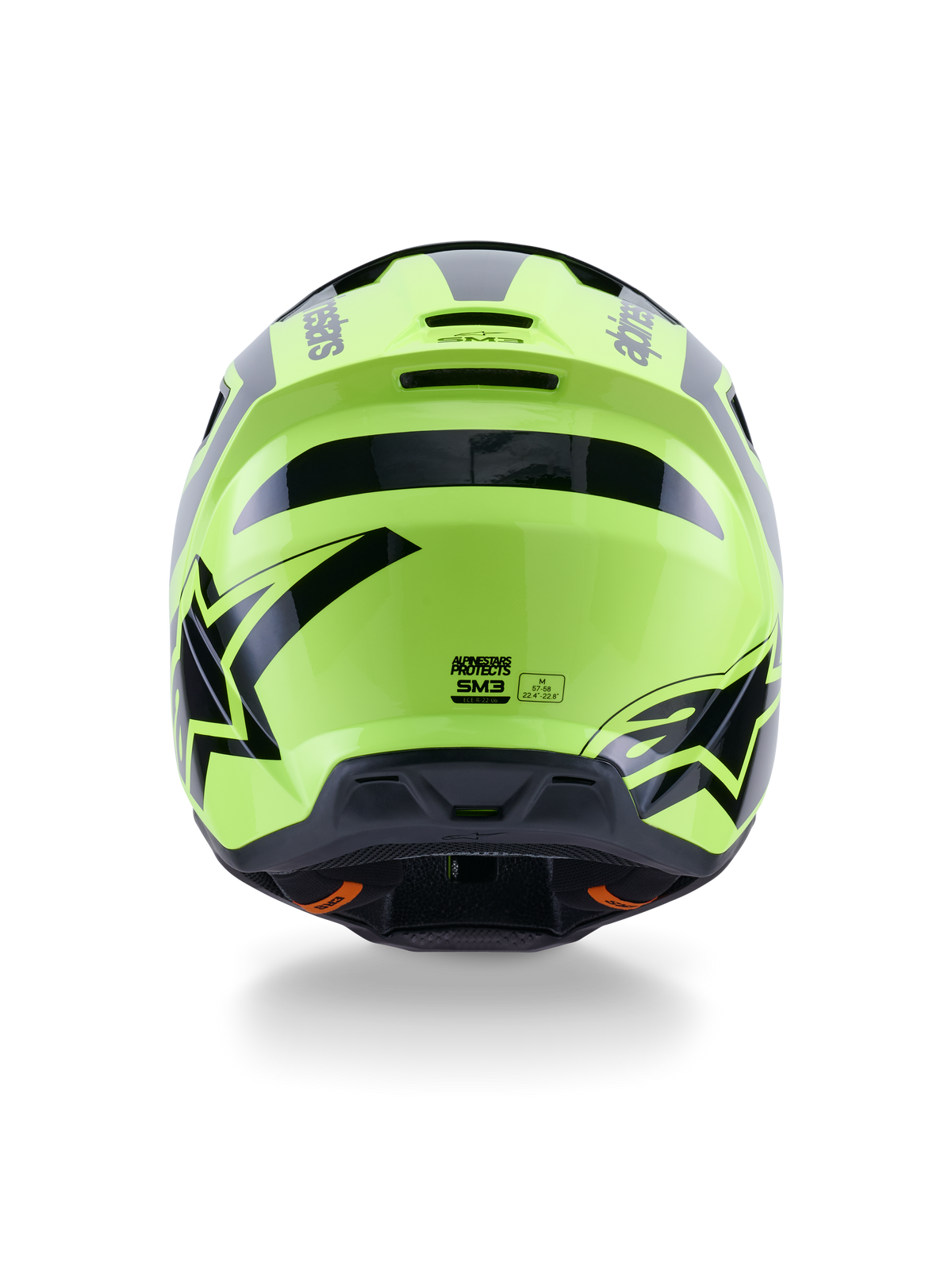 Alpinestars S-M3 Heat hjelm, motocrosshjelm, gul fluo og blank sort, set bagfra med markant sort grafik og Alpinestars-logoer, aerodynamisk skal med integrerede ventilationsåbninger, off-road udstyr med høj synlighed