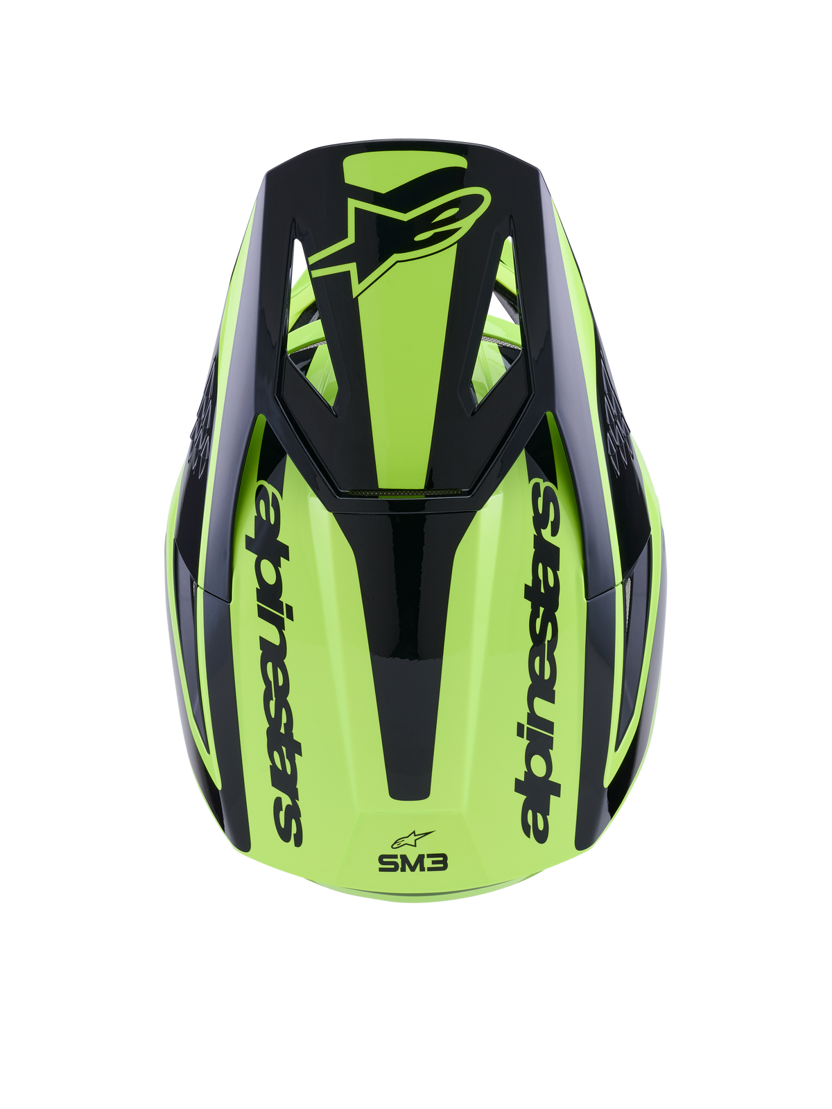 Alpinestars S-M3 Heat hjelm, motocrosshjelm, gul fluo og blank sort, set fra oven med sort visir med logo og Alpinestars-branding på siderne, strømlinet termo-injiceret skal til off-road racing