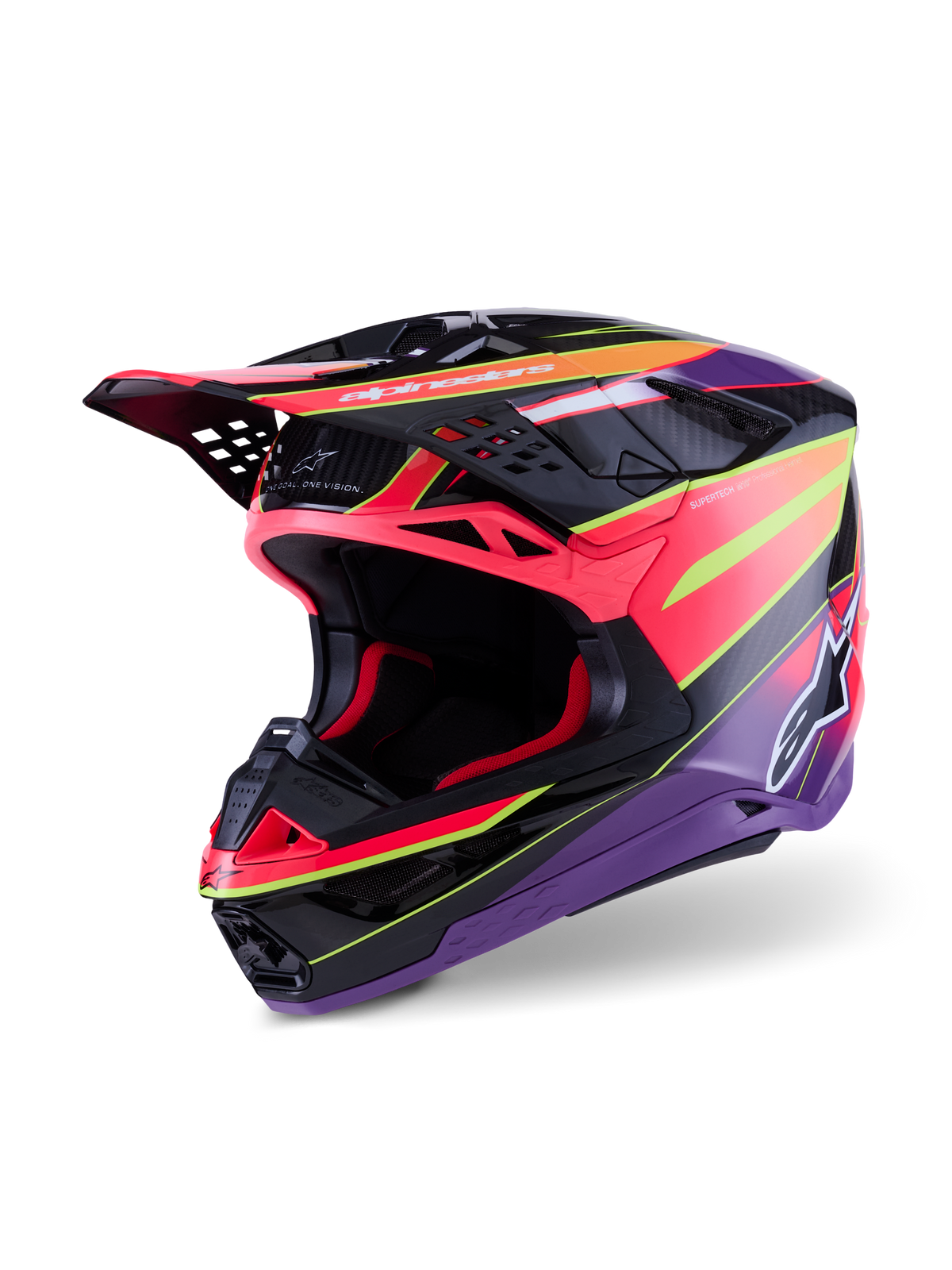 Alpinestars Supertech M10 Era-hjelm, motocross-hjelm, pink, violet og neongul blank, med en multi-komposit carbonskal, aerodynamisk design med 28 ventilationsåbninger, blank finish med levende grafik og Alpinestars-branding, professionelt off-road racerudstyr