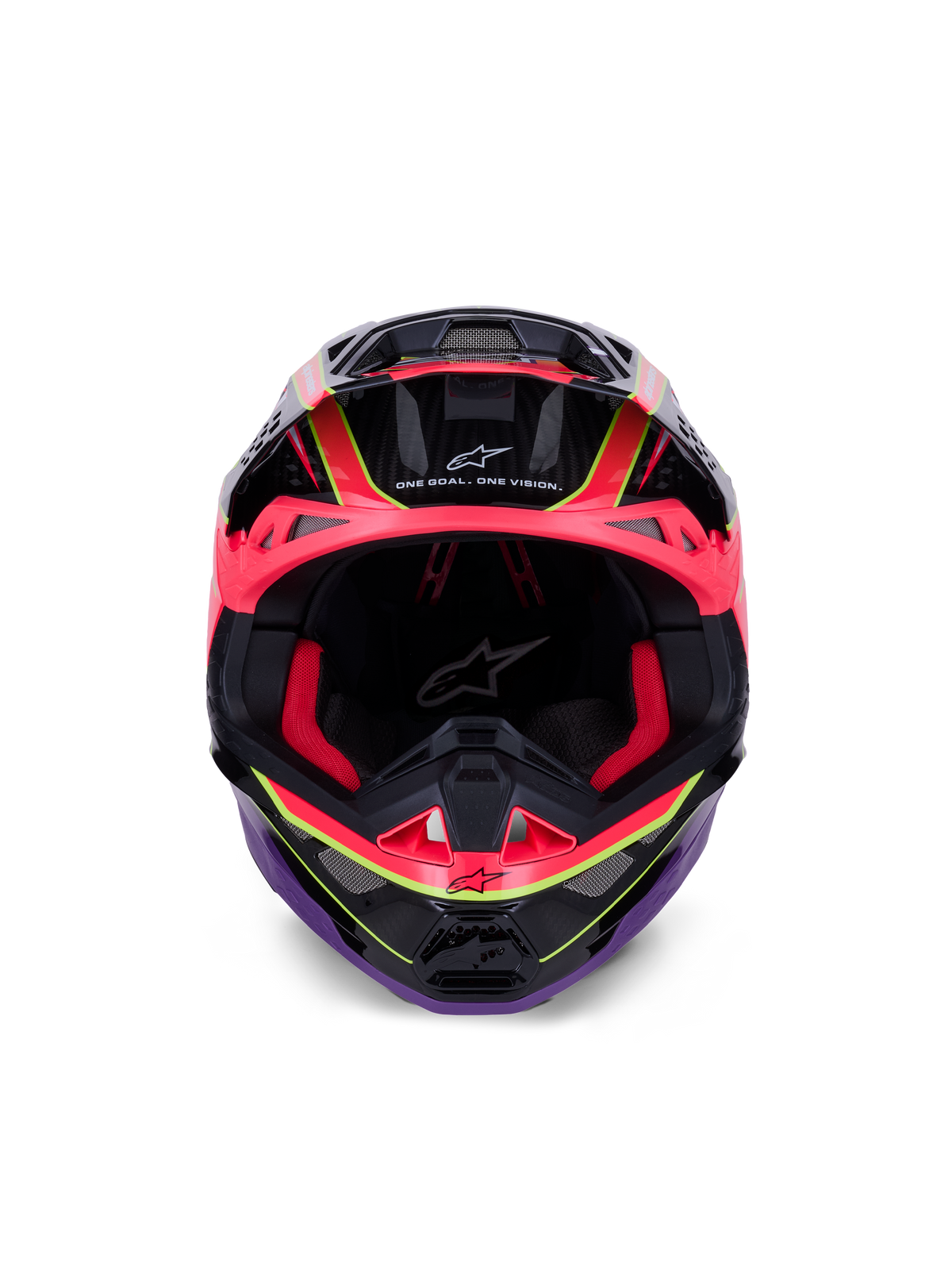 Alpinestars Supertech M10 Era hjelm, motocross-hjelm, pink, lilla og neon-gul blank, set forfra med rød indvendig polstring og kulfiber-detaljer, med 'One Goal. One Vision.' tekst, professionel beskyttelse til off-road racing