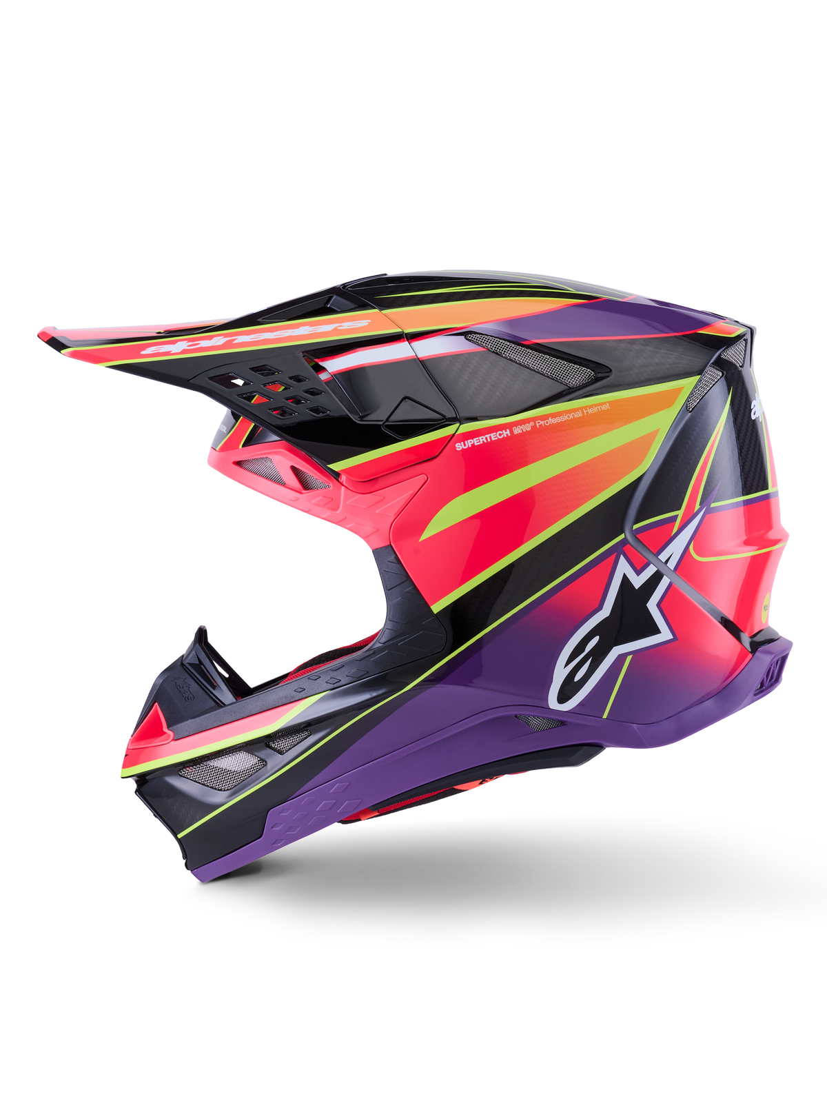 Alpinestars Supertech M10 Era hjelm, motocross-hjelm, pink, violet og fluorescerende gul blank, sideprofil der viser markante geometriske grafikker og kulfibertekstur, med Alpinestars stjerne-logo, integrerede ventilationsporte og et strømlinet aerodynamisk design til off-road kørsel