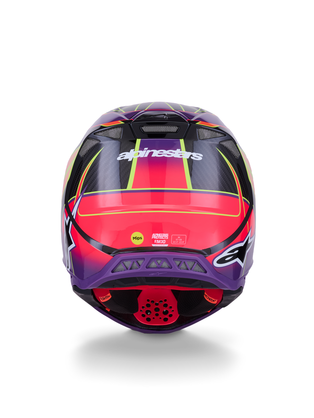 Alpinestars Supertech M10 Era-hjelm ECE 22.06, set bagfra, pink, lilla og gul fluo blank, motocross-hjelm med kulfiberkonstruktion og MIPS-beskyttelsesteknologi