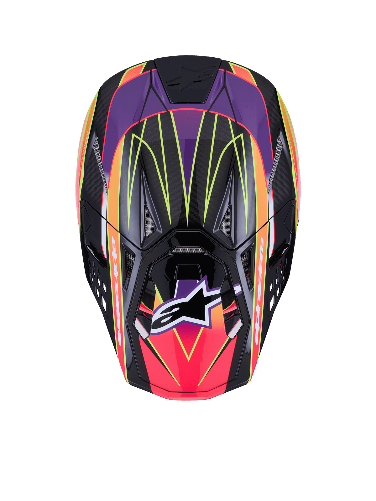 Alpinestars Supertech M10 Era hjelm ECE 22.06, motocross-hjelm, lyserød, lilla og gul fluo blank, set fra oven, der viser højdensitets carbonskal med blank finish, farvestrålende geometriske mønstre, integrerede ventilationsåbninger og det velkendte Alpinestars-logo