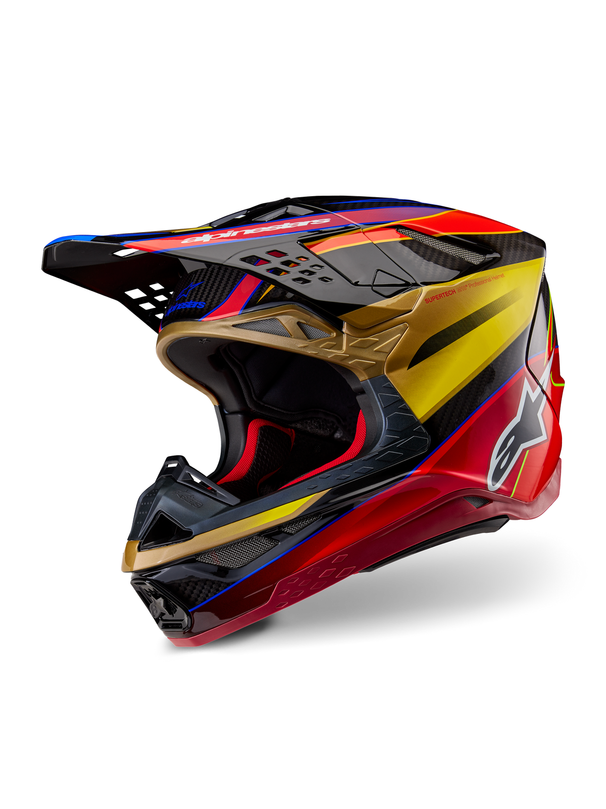 Alpinestars Supertech M10 Era-hjelm, motocrosshjelm, Gold Yellow Rio Red Glossy, strømlinet aerodynamisk kulfiberskal med livlig rød og guld grafik, flere indsugnings- og udstødningsporte, hvidt Alpinestars-logo og blank finish