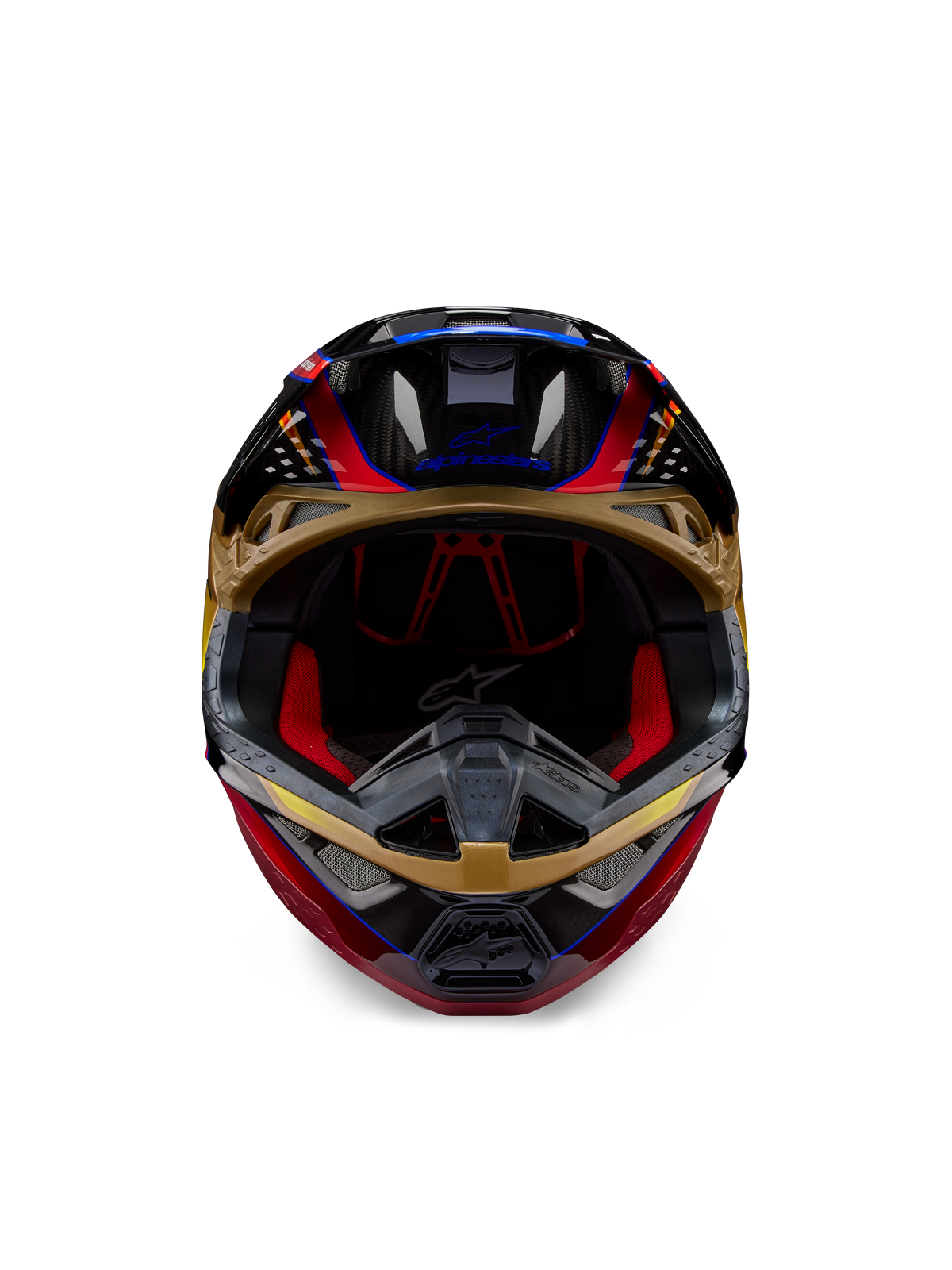 Alpinestars Supertech M10 Era hjelm, motocross-hjelm, guldgul og Rio Red blank, set forfra med detaljer på kulfiberskallen og rødt indvendigt for, aerodynamisk design til off-road kørsel