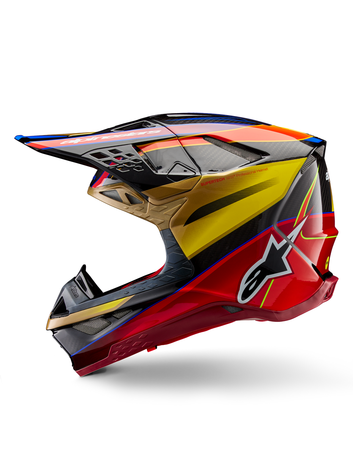 Alpinestars Supertech M10 Era hjelm, motocrosshjelm, guld, gul og rio rød blank, sideprofil med kulfibertekstur og markant grafik, Alpinestars stjernelogo, aerodynamisk form med flere ventilationsåbninger, professionel off-road racingbeskyttelse