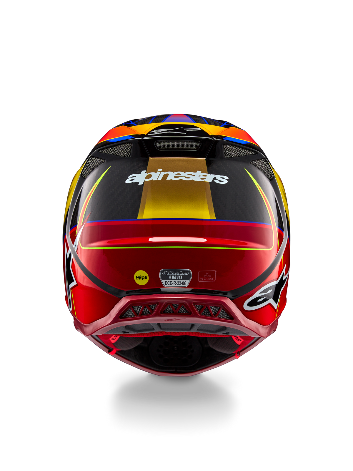 Alpinestars Supertech M10 Era hjelm, motocross hjelm, guld-gul og Rio-rød blank, set bagfra med hvidt Alpinestars-logo, MIPS-logo og aerodynamiske ventilationsporte, multi-komposit kulfiberkonstruktion med blå detaljer