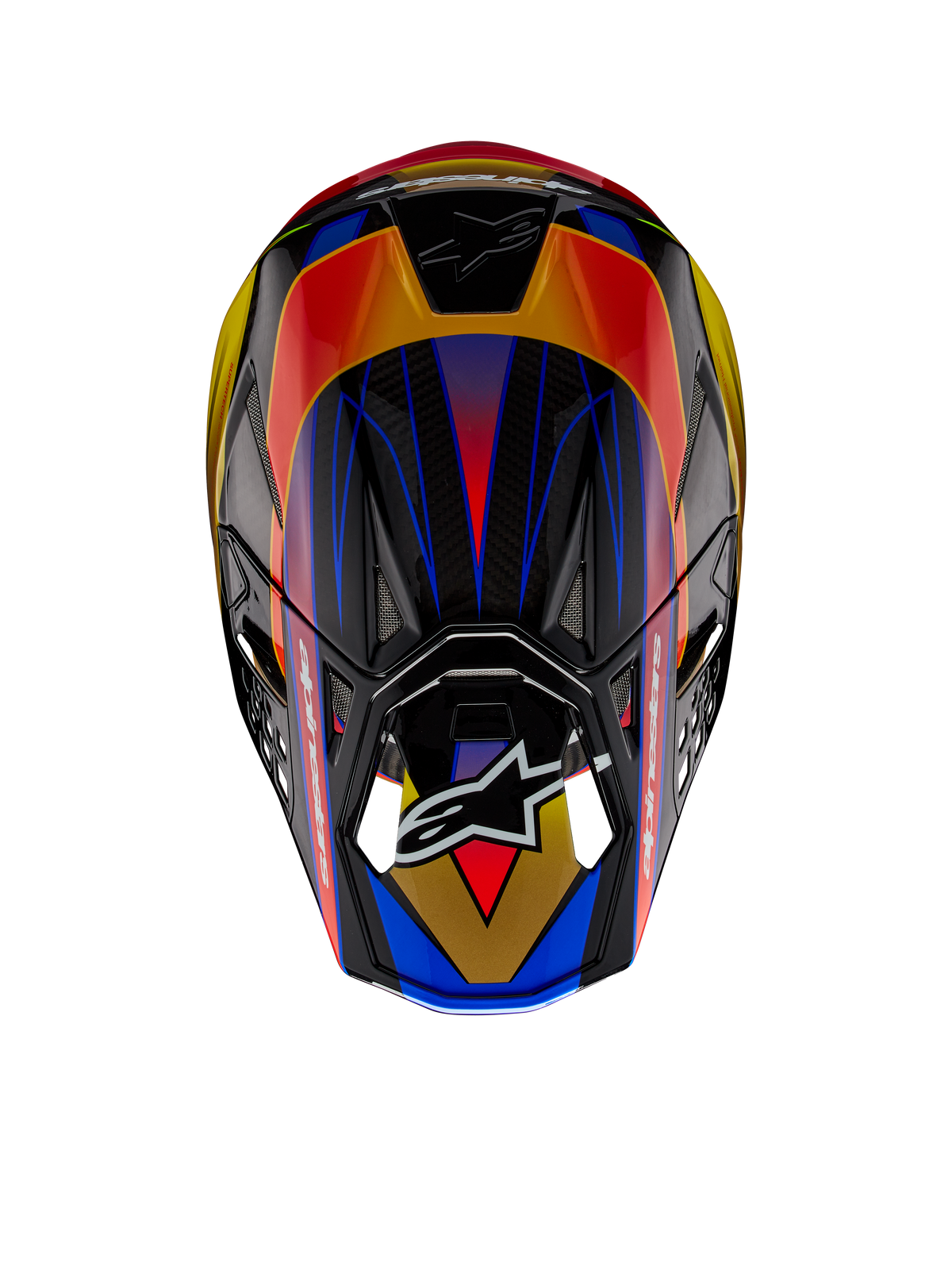 Alpinestars Supertech M10 Era ECE-hjelm, motocrosshjelm, Gold Yellow Rio Red Glossy, set fra oven med levende geometriske mønstre i blå og gul, blank finish med synlig kulfiberstruktur og Alpinestars-logo på visiret