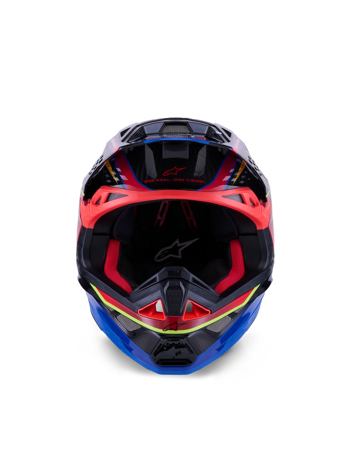 Alpinestars Supertech M10 Era Helmet, Motocross Helmet, Blue Red and Yellow Fluo Glossy, front view showing red interior padding and aggressive ventilation ports, glossy 3K carbon shell with aerodynamic design for off-road racing